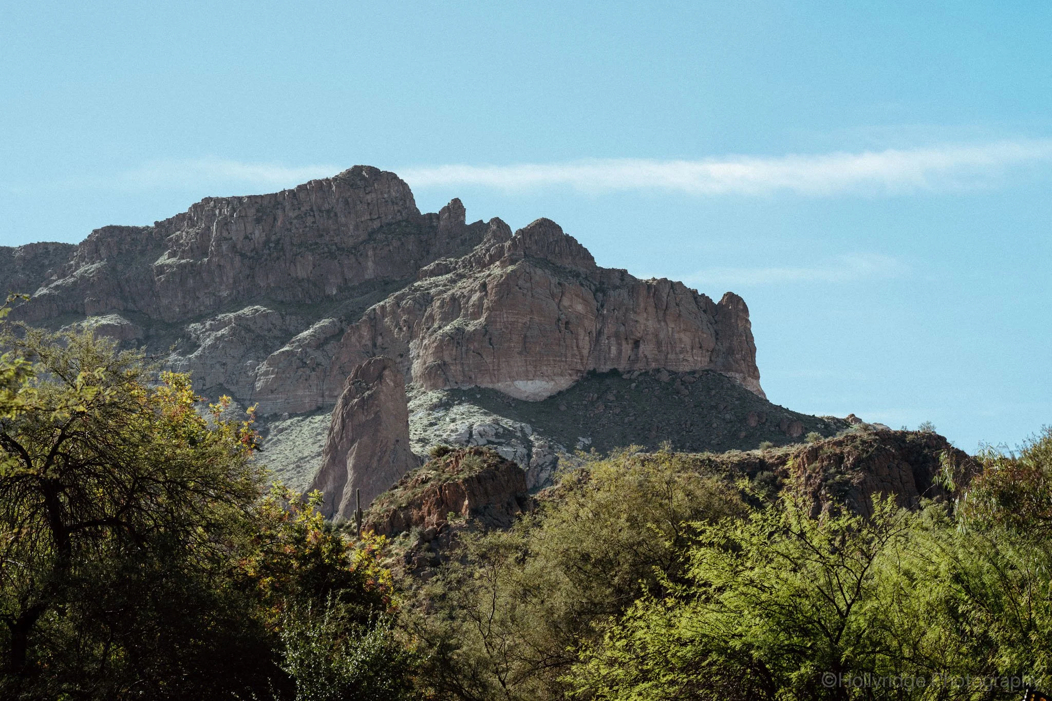 Mountain cliffs rising above desert vegetation at Boyce Thompson Arboretum in Superior Arizona, showcasing the rugged landscape surrounding the botanical garden.