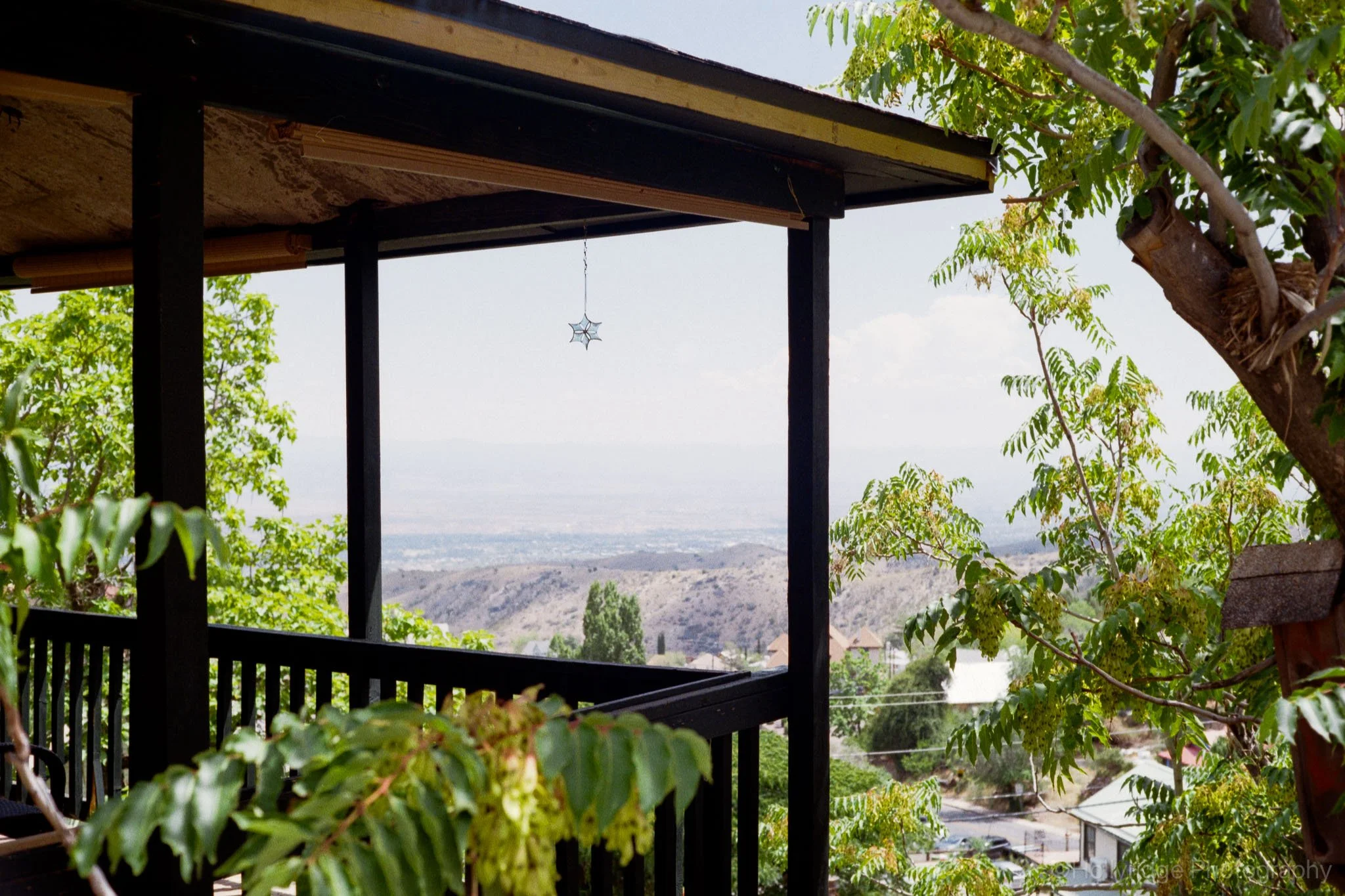 Porch view overlooking Jerome, Arizona mountain town landscape