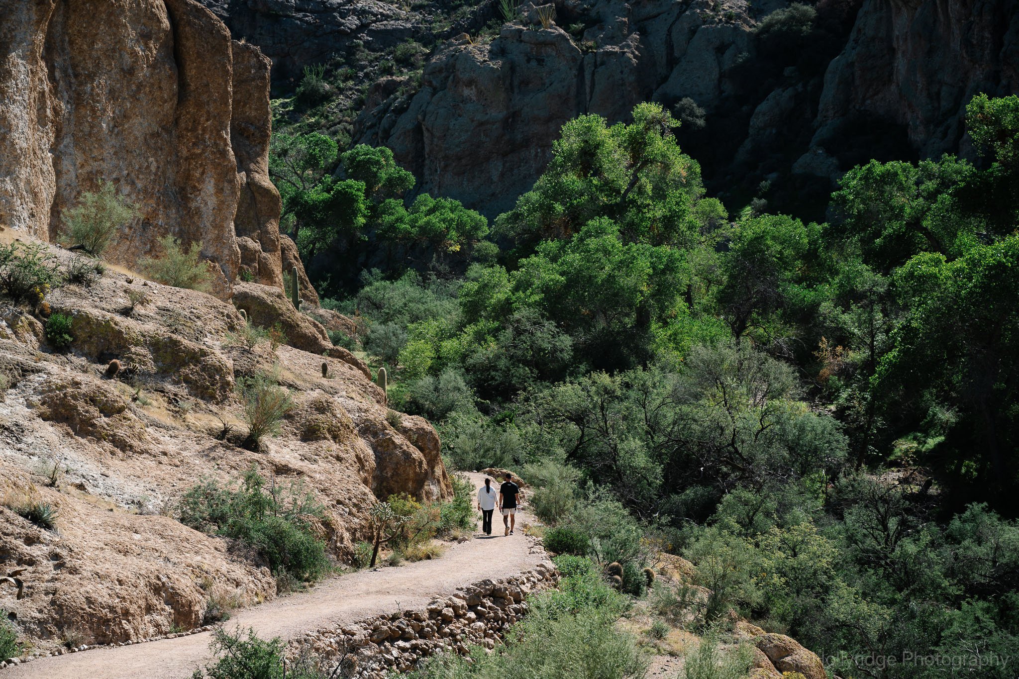 Visitors walking along a canyon trail at Boyce Thompson Arboretum in Superior Arizona, surrounded by desert cliffs and green vegetation.