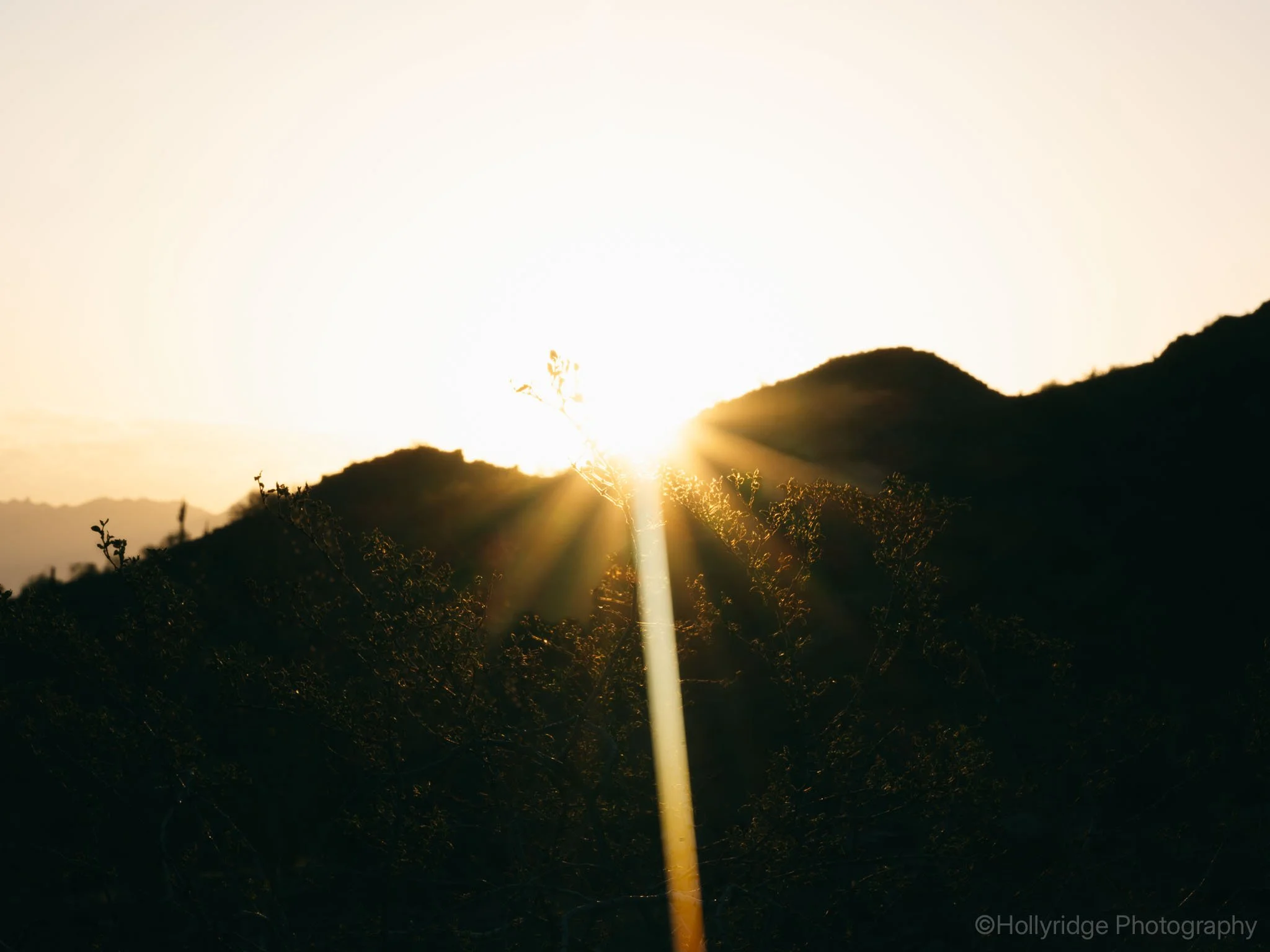 Starburst sun over desert terrain near Phoenix, Arizona during bright daylight