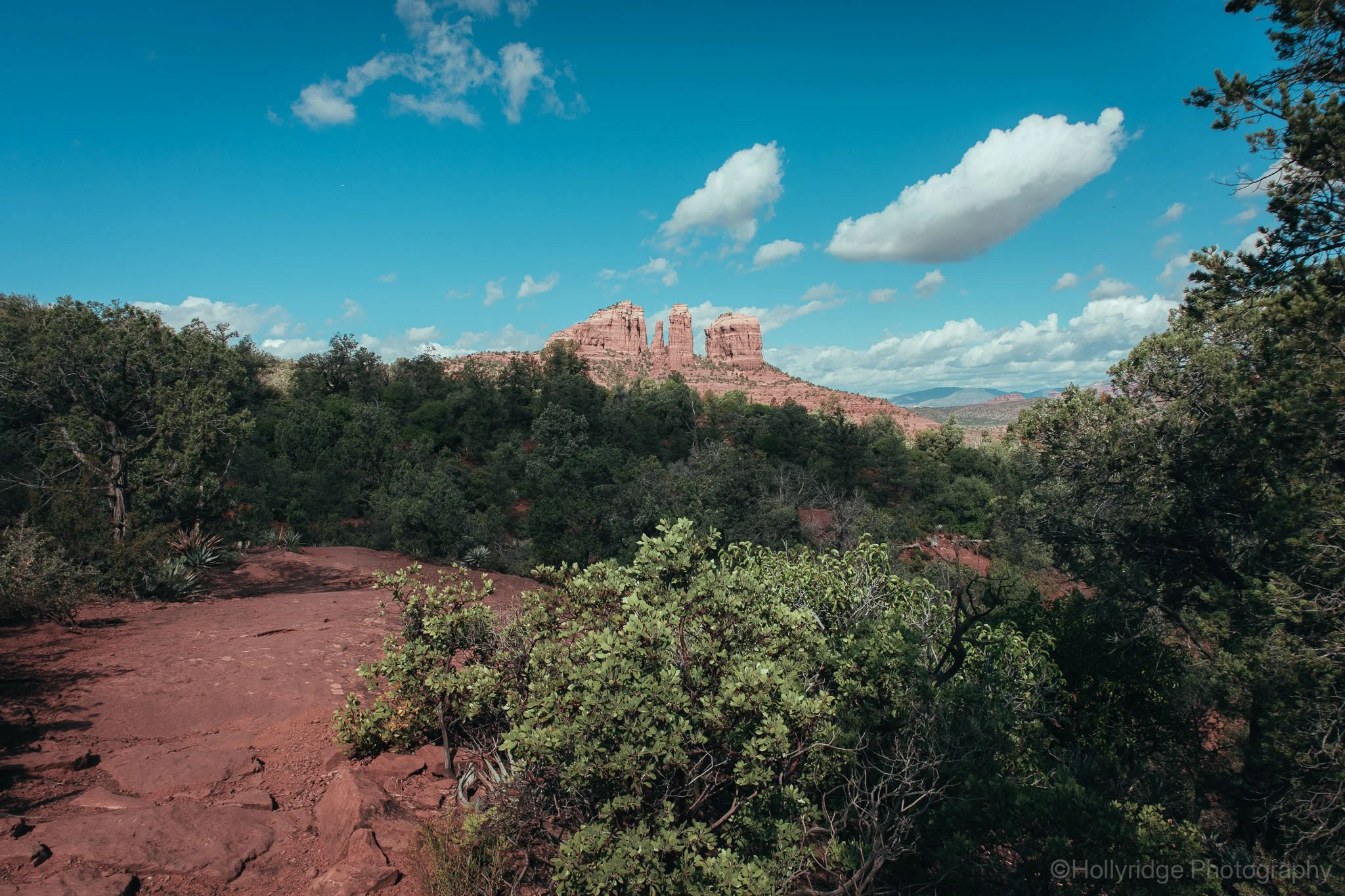 Classic view of Cathedral Rock towering over Sedona desert landscape