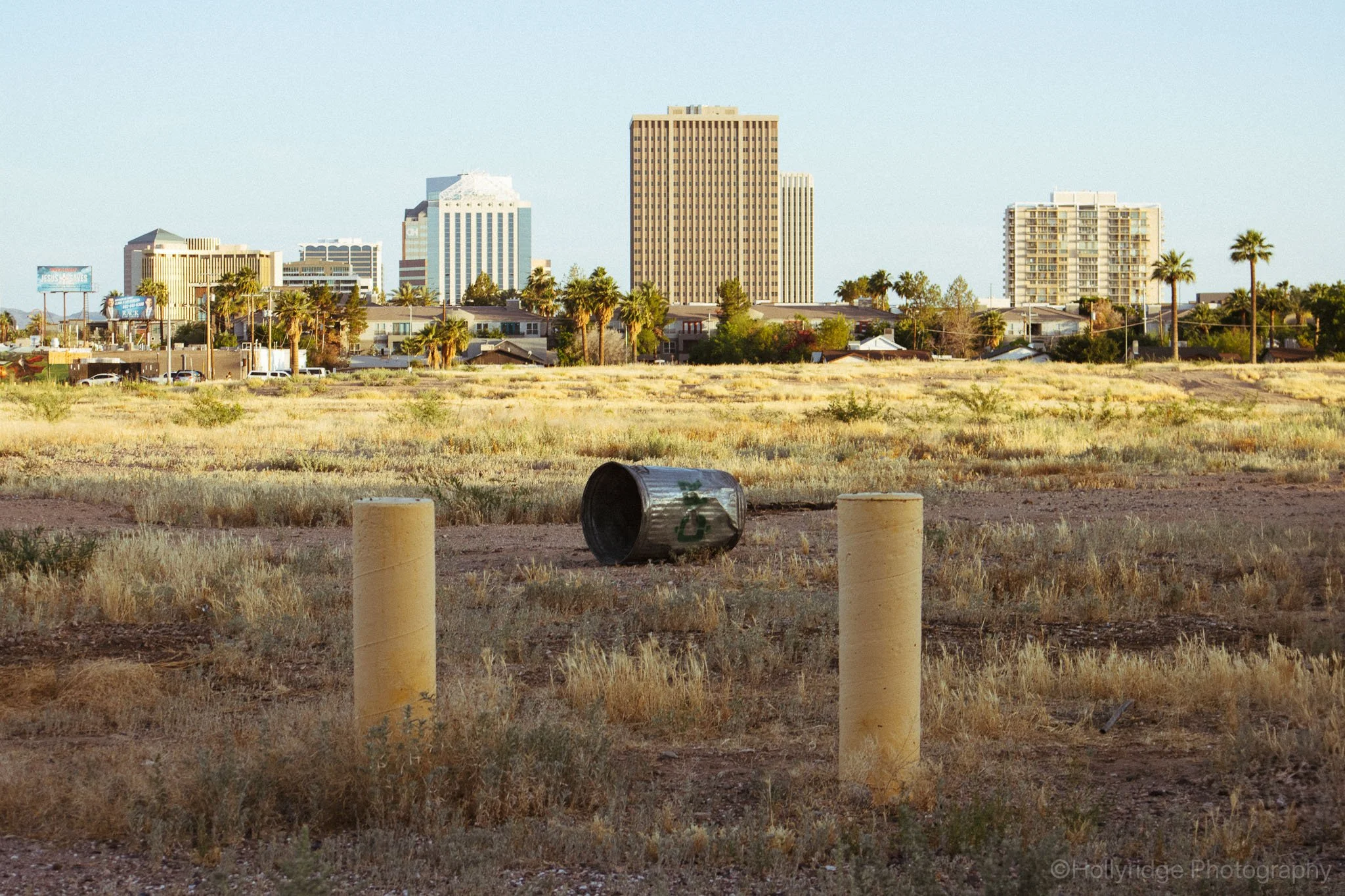 Phoenix skyline view framed by urban foreground in downtown Arizona