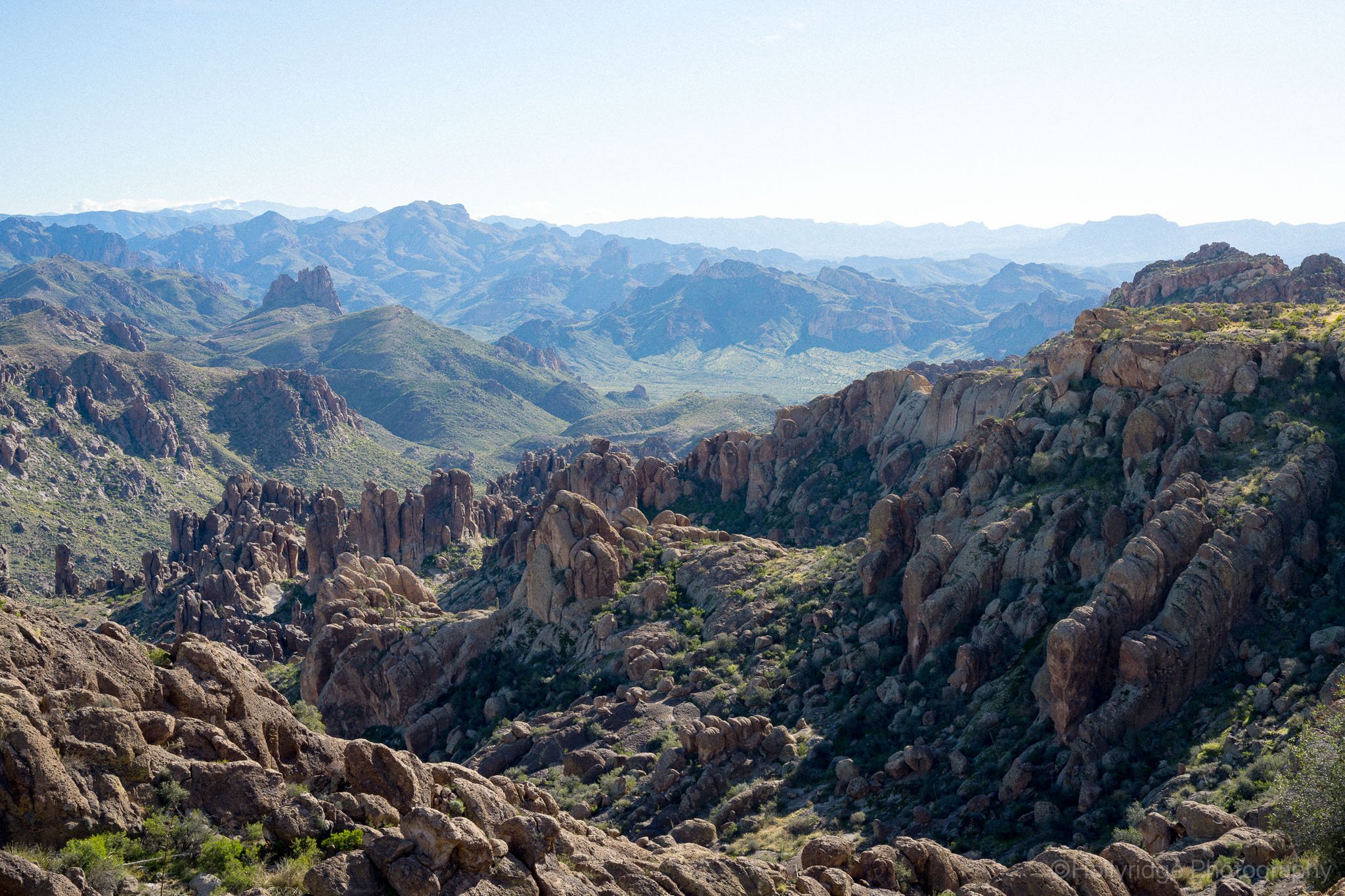 Panoramic view of the Superstition Mountains from the Weaver’s Needle trail in Tonto National Forest, Arizona.