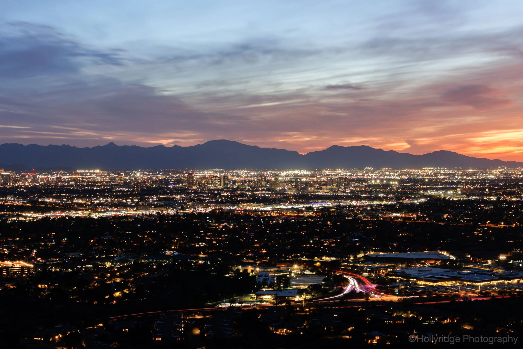 Downtown Phoenix skyline illuminated at night with city lights