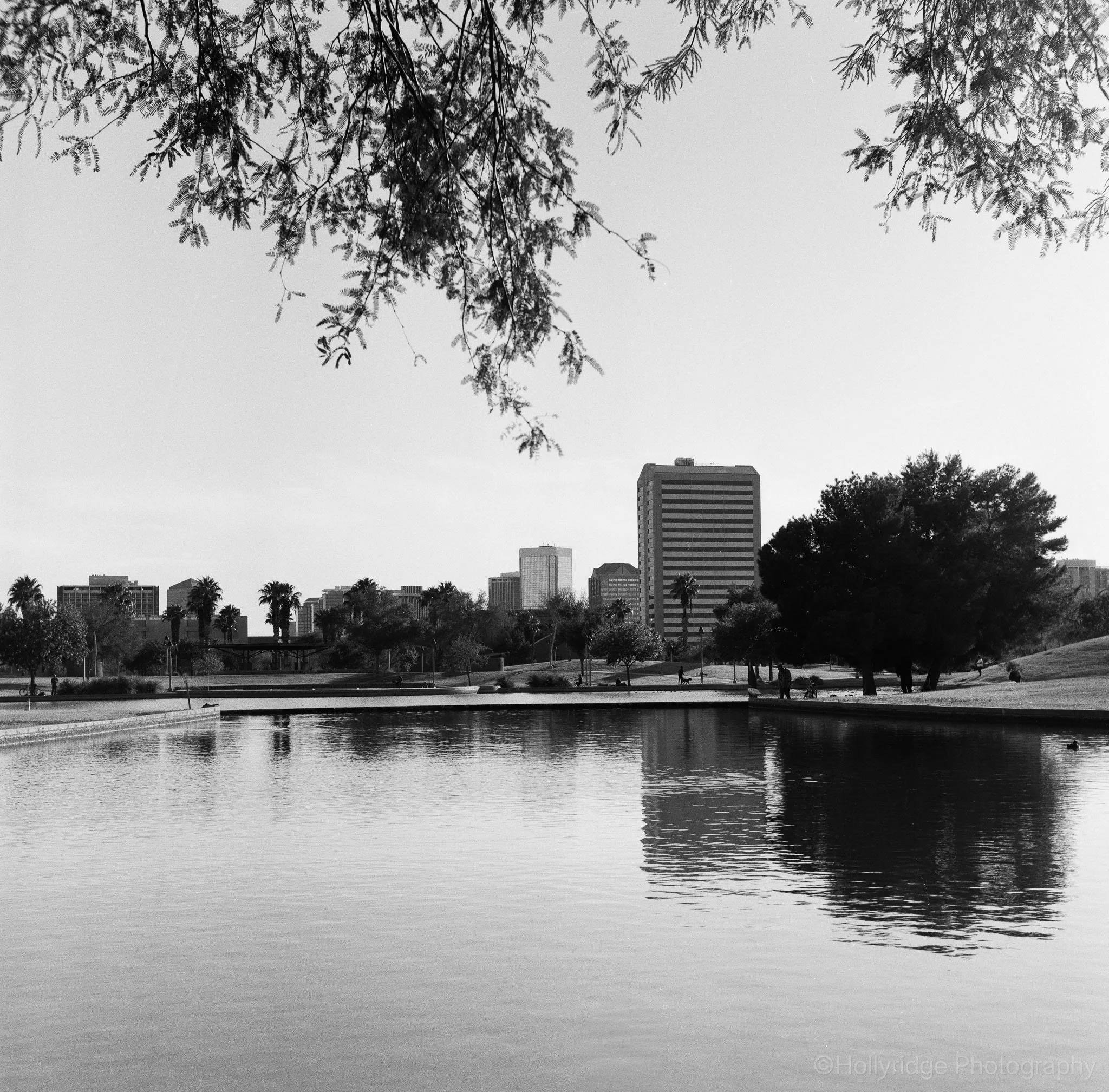 Urban reflection scene in Phoenix, Arizona photographed as analog still life