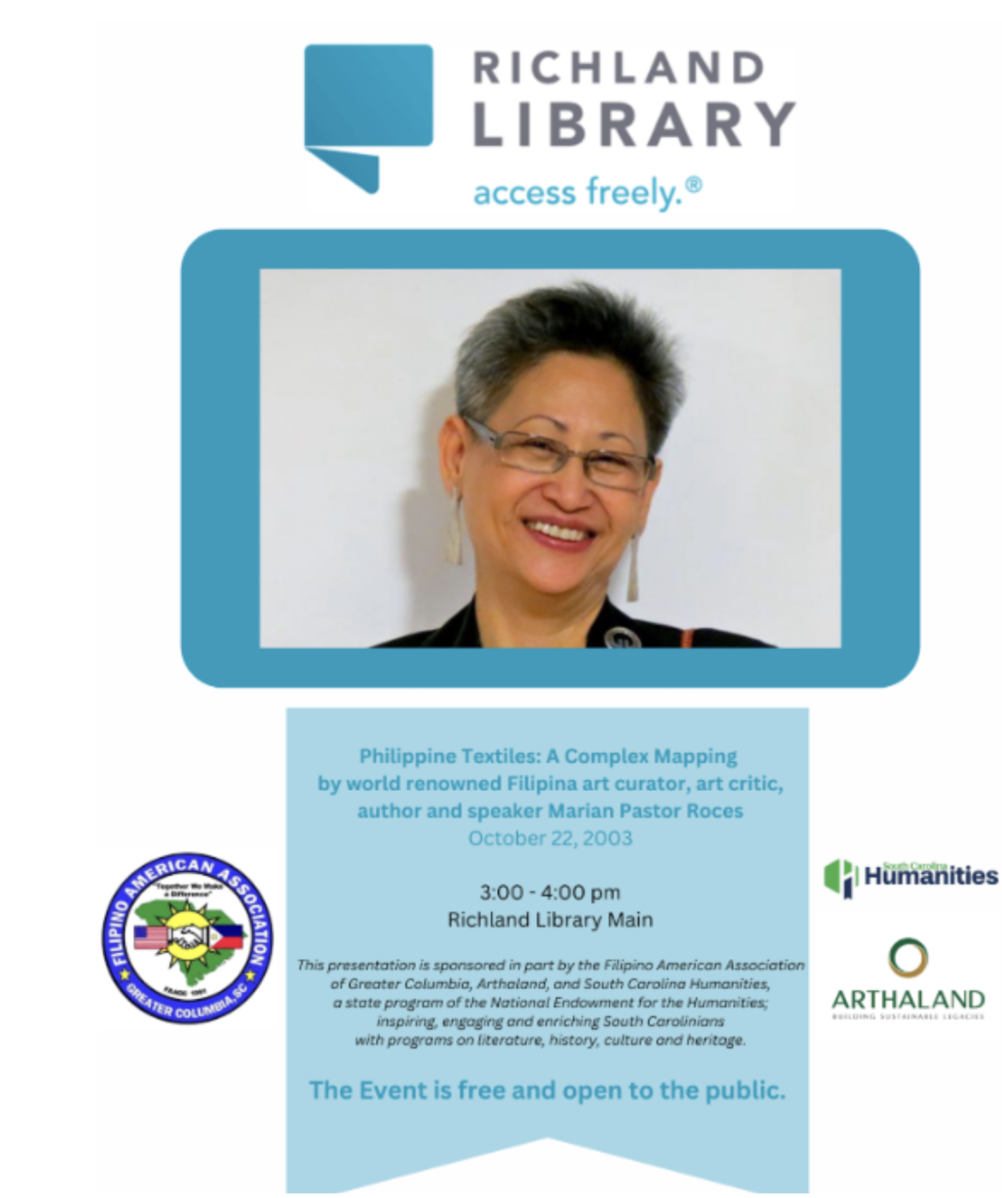 Event flyer for a presentation titled 'Philippine Textiles: A Complex Mapping,' by Marian Pastor Roces, held on October 22, 2003, from 3:00 to 4:00 pm at Richland Library Main. The flyer includes logos of the Richland Library, Filipino American Assoc