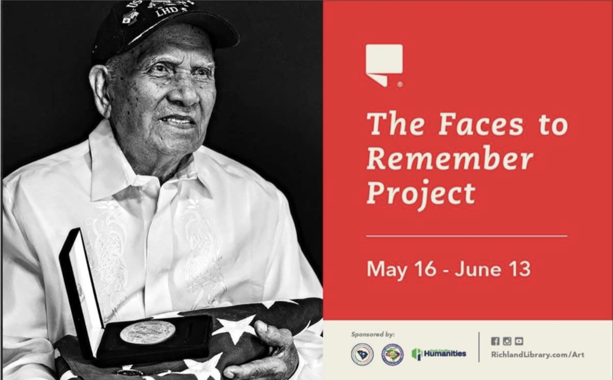 Black and white photograph of an elderly man wearing a hat and traditional embroidered shirt, holding a medal or award, with a red and white poster beside him promoting 'The Faces to Remember Project' running from May 16 to June 13.