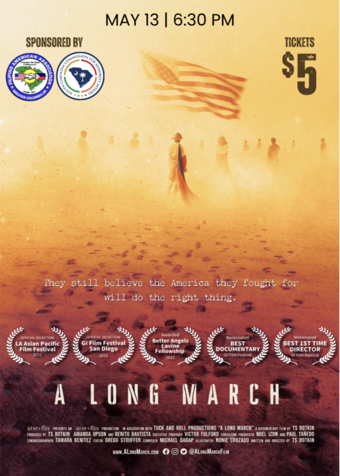 Poster for the documentary film 'A Long March' showing a person walking in a dust storm, American flags, and event details, awards, and acknowledgments.