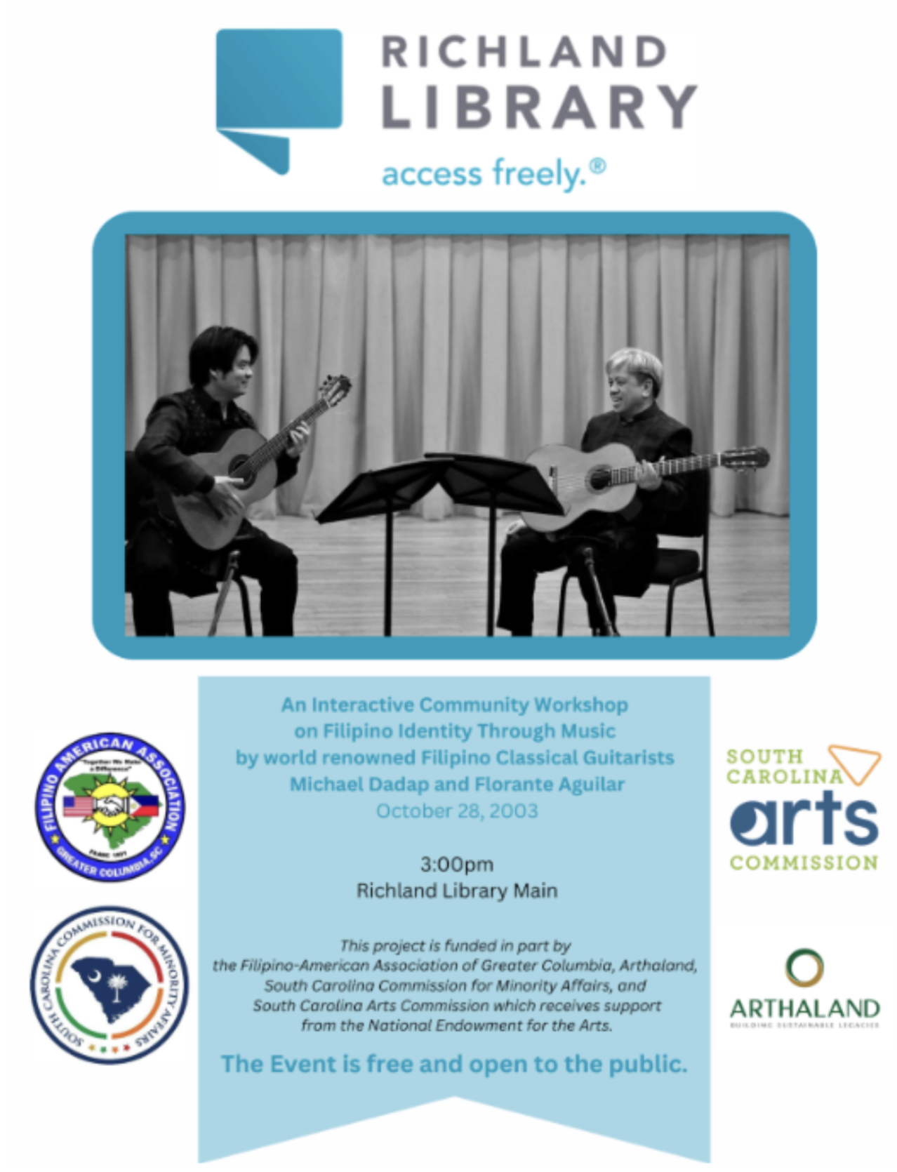 Poster for an interactive workshop on Filipino identity through music, featuring two Filipino classical guitarists, Michael Dadap and Florante Aguilar, performing on stage with a curtain backdrop, dated October 28, 2003, at Richland Library, with log