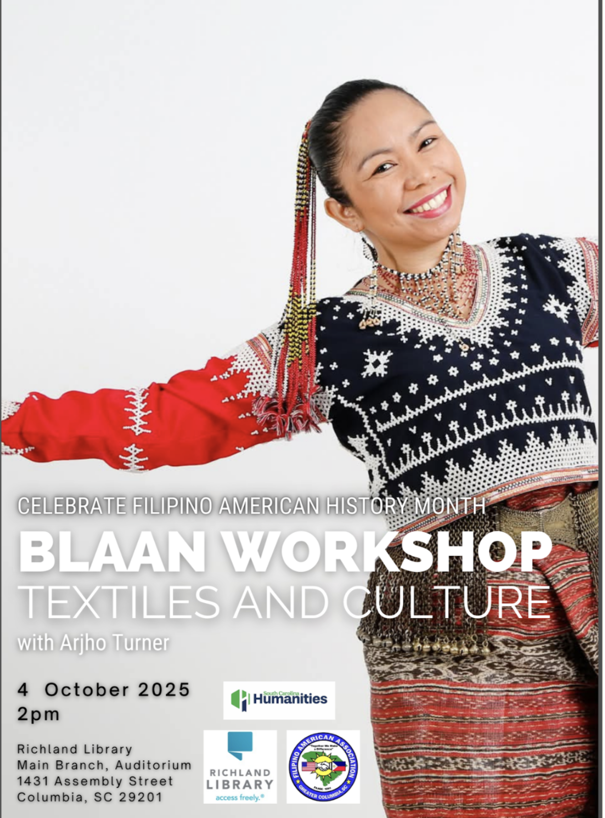 A Filipino woman dressed in traditional attire smiling, promoting a workshop on textiles and culture for Filipino American History Month at Richland Library on October 4, 2025.