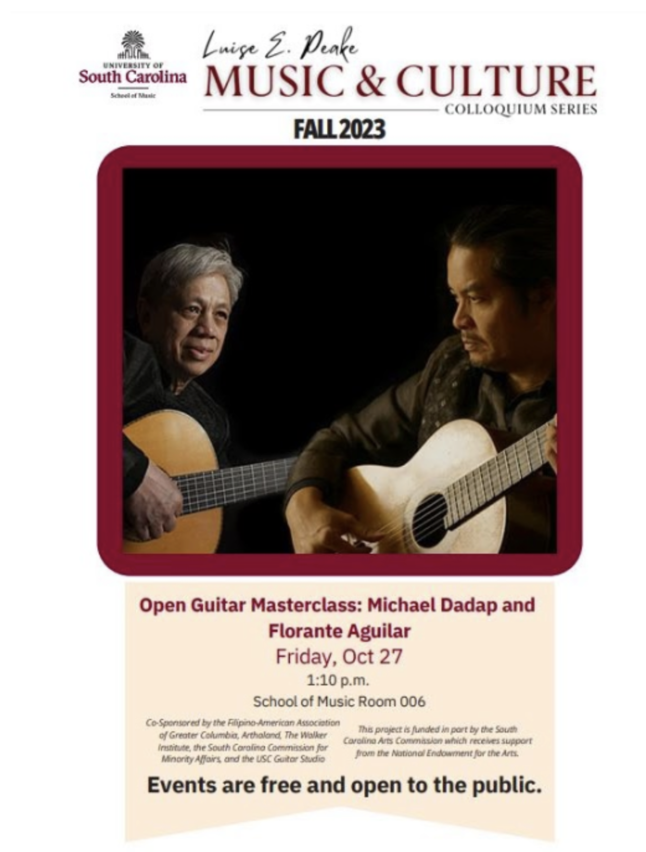 Flyer for the University of South Carolina School of Music promoting a fall 2023 music event featuring Michael Dadap and Florante Aguilar giving an open guitar masterclass on October 27 at 1:10 p.m. in Room 006 of the School of Music, with a photo of
