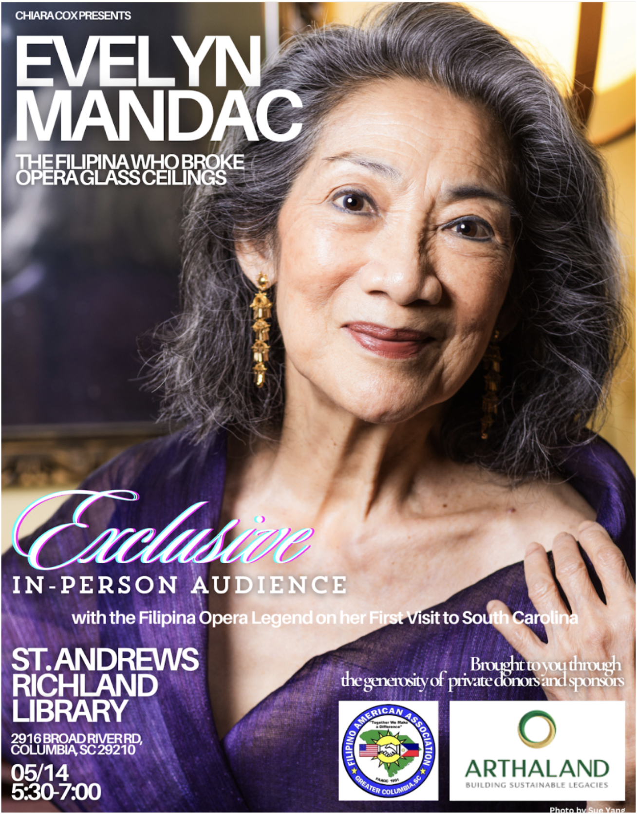 A promotional poster featuring Evelyn Mandac, a Filipino opera singer, with the headline 'Exclusive In-Person Audience' at the St. Andrews Richland Library in Columbia, South Carolina. The poster includes details about the event date, time, location,