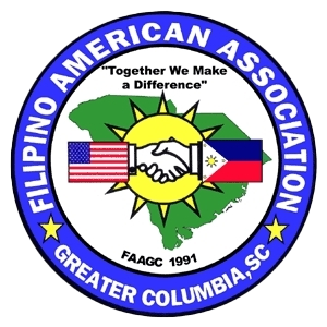 Logo of the Filipino American Association Greater Columbia, SC, featuring a handshake over a sun and map of the Philippines, with flags of the USA and Philippines, and the slogan 'Together We Make a Difference'.