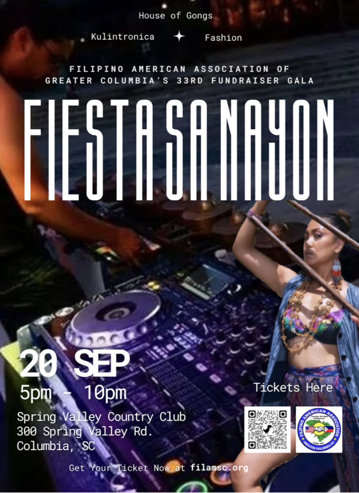 Event poster for Filipino American Association's 33rd Fundraiser Gala titled "Fiesta sa Nayon" with a background of a woman in traditional Filipino attire holding a stick, DJ equipment, and event details including date, time, location, and ticket inf