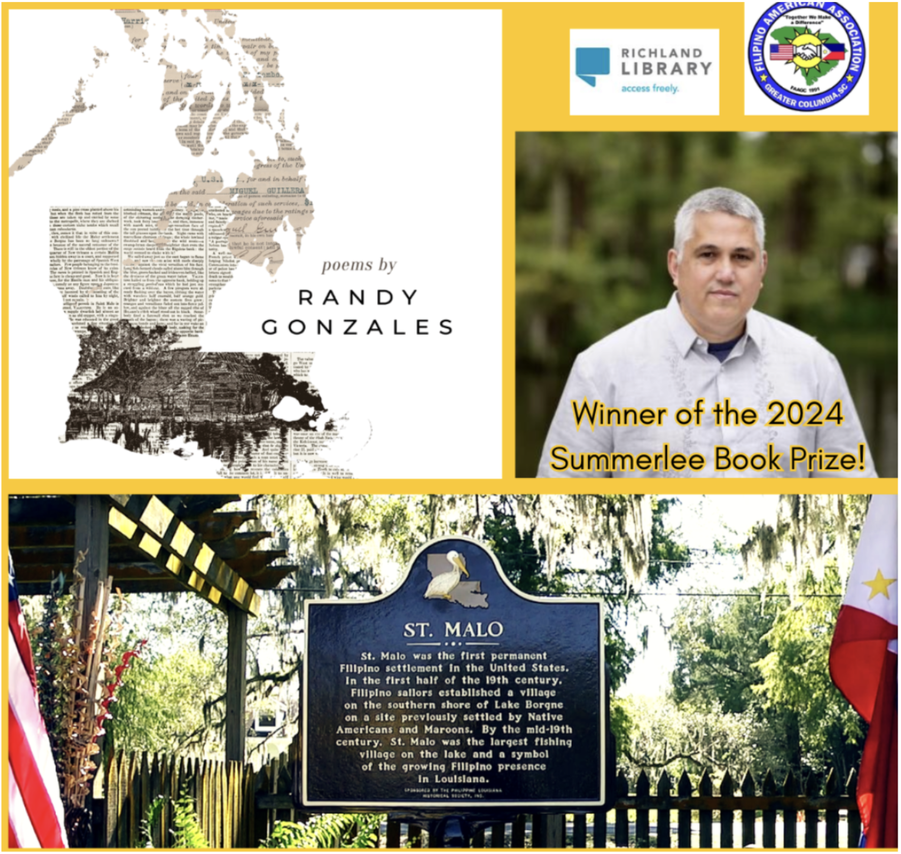 A collage with a map of the Philippines made of text and images, a man with gray hair, a sign about St. Malo, and logos of Richland Library and Filipino American Association, celebrating an award win and historical information.