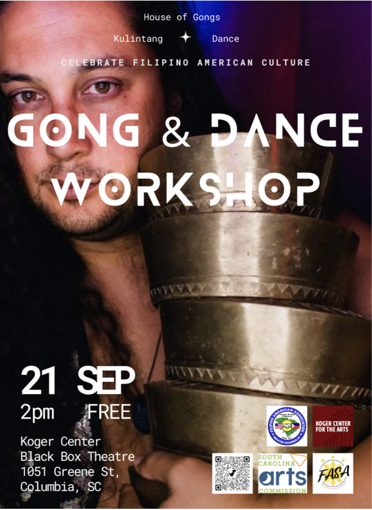 A promotional poster for a Gong & Dance Workshop celebrating Filipino American culture, scheduled for September 21st at 2 pm at the Koger Center, Black Box Theatre in Columbia, SC. The poster features a close-up of a person holding gongs.