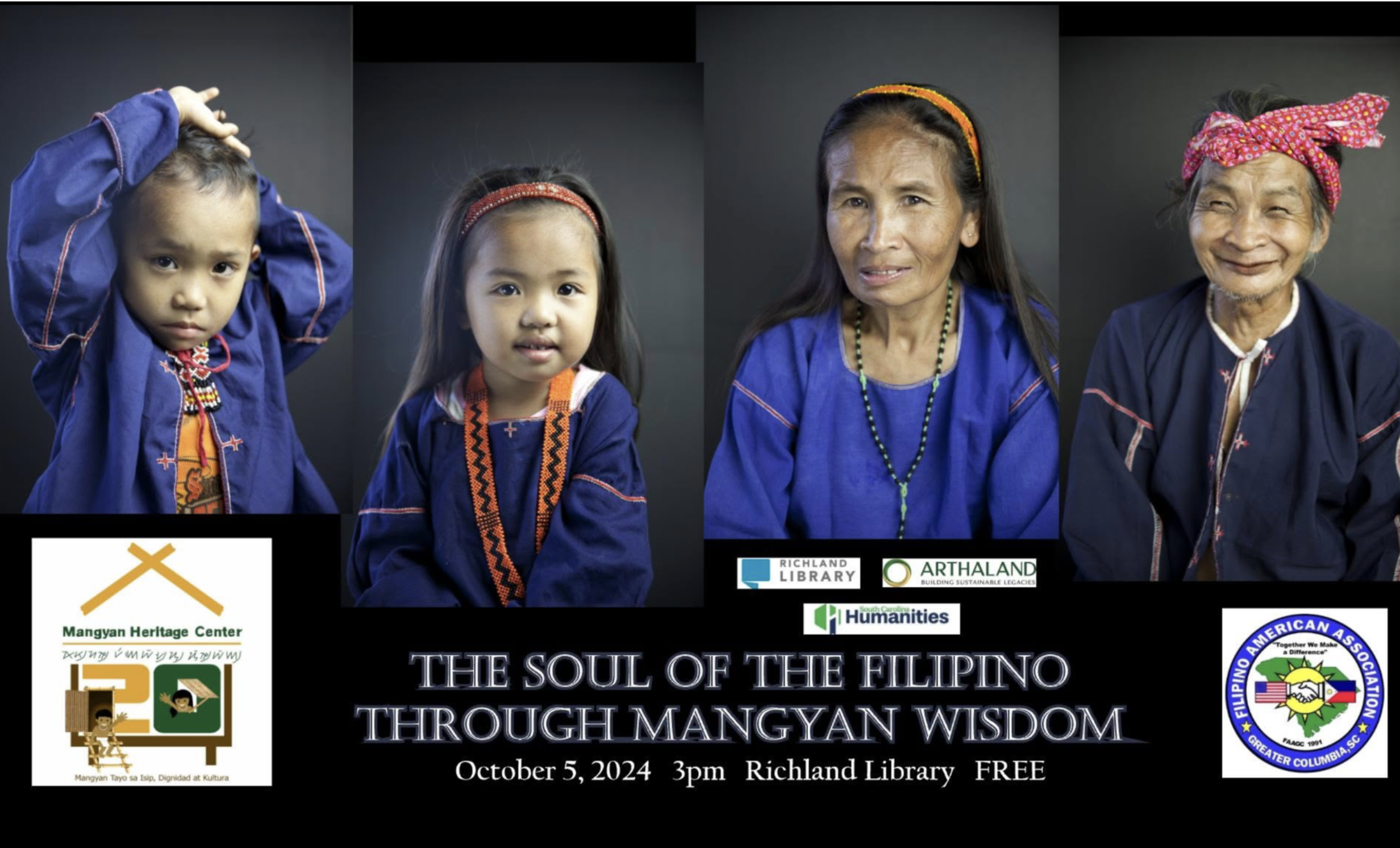 Four people dressed in traditional Filipino clothing, standing against a dark background. The image is part of a promotional poster for an event titled 'The Soul of the Filipino Through Mangyan Wisdom', scheduled for October 5, 2024, at 3 pm at Richl