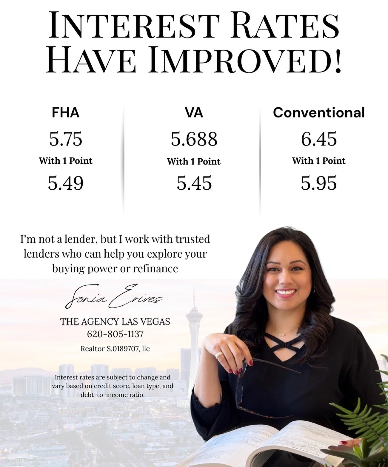 🎉 Exciting news &mdash; interest rates have improved!
Here&rsquo;s a quick look at the current rates:
🏡 FHA: 5.75%
✨ FHA (with 1 point): 5.49%
🎖️ VA: 5.688%
🌟 VA (with 1 point): 5.45%
🏠 Conventional: 6.45%
💰 Conventional (with 1 point): 