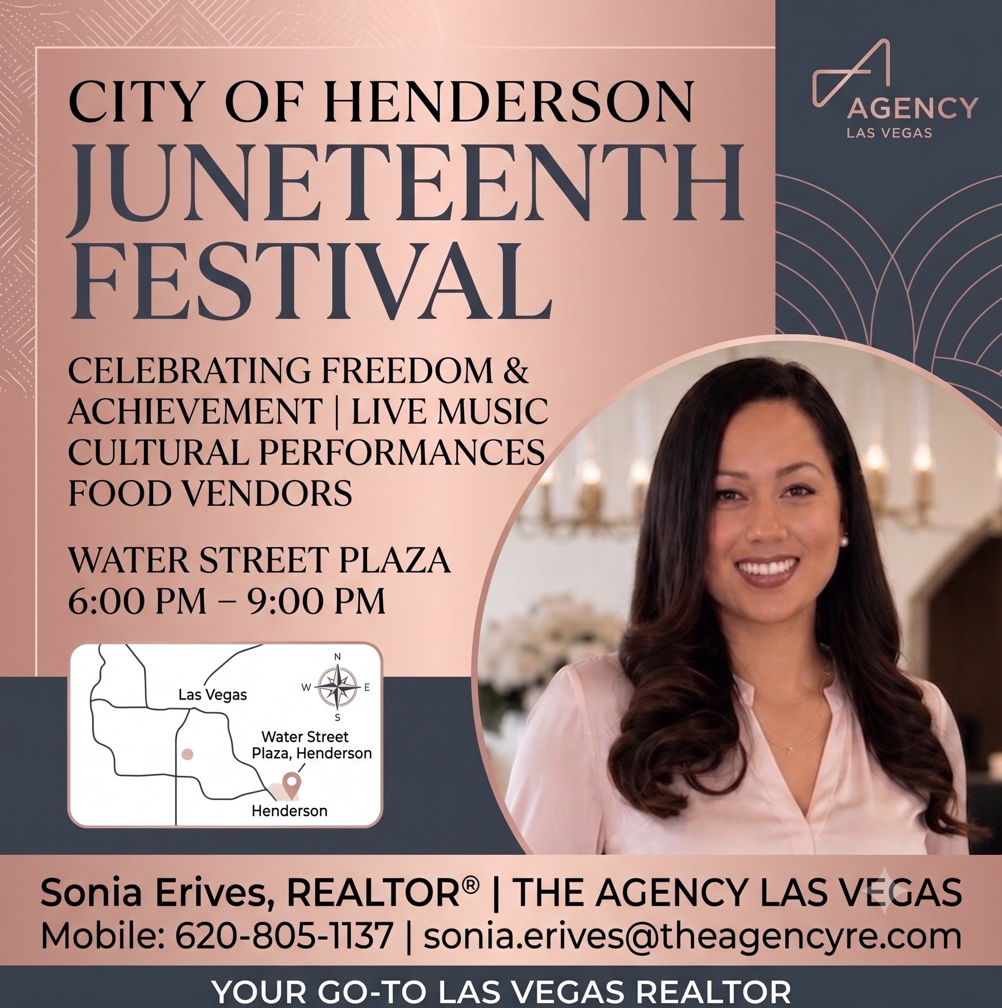 Henderson lifestyle hits different when the community comes together. 
Mark your calendars for Friday, June 19th. The City of Henderson is hosting the annual Juneteenth festival at Water Street Plaza from 6 to 9 PM.
Expect an elevated evening filled 