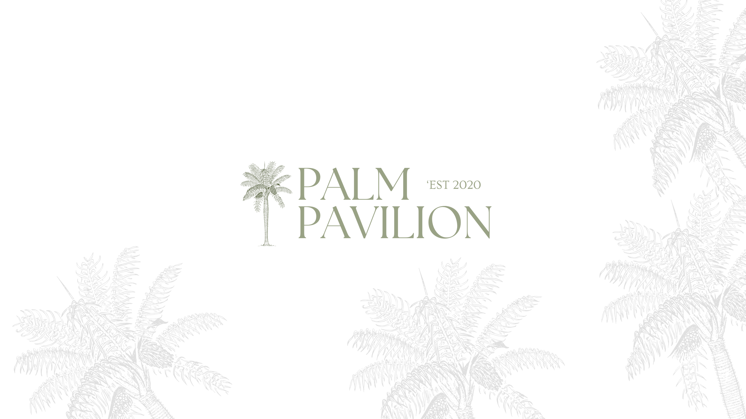 A minimalist logo featuring a palm tree illustration and the text 'PALM PAVILION' with 'EST 2020' on a white background with faint palm leaf outlines.