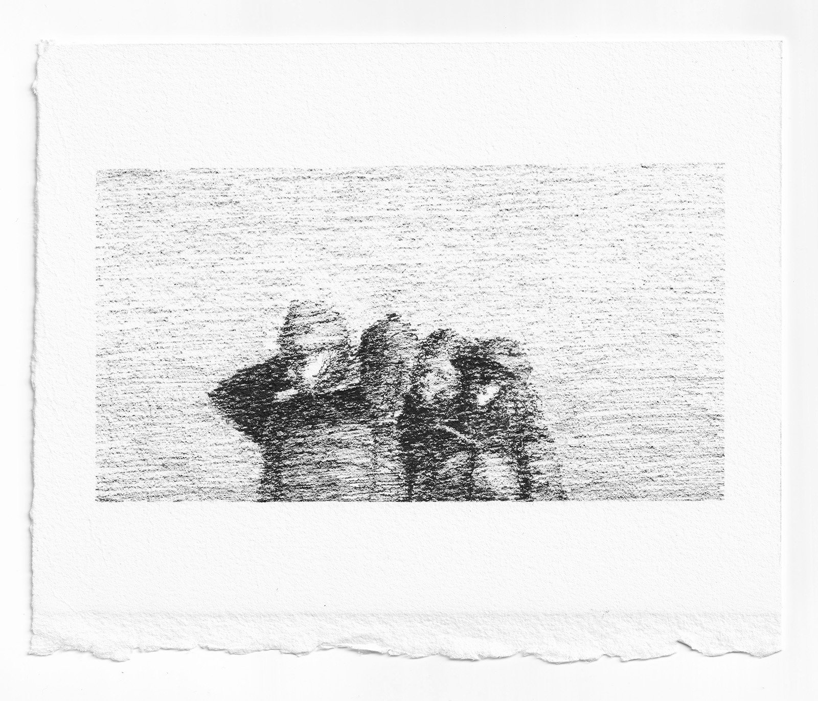 Black and white sketch of three people and the sky behind them