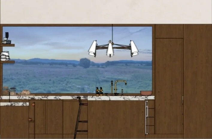 Interior of a modern kitchen with large window showing a rural landscape, wooden cabinets, marble countertop, hanging pendant lights, and some bottles and dishes on the counter.