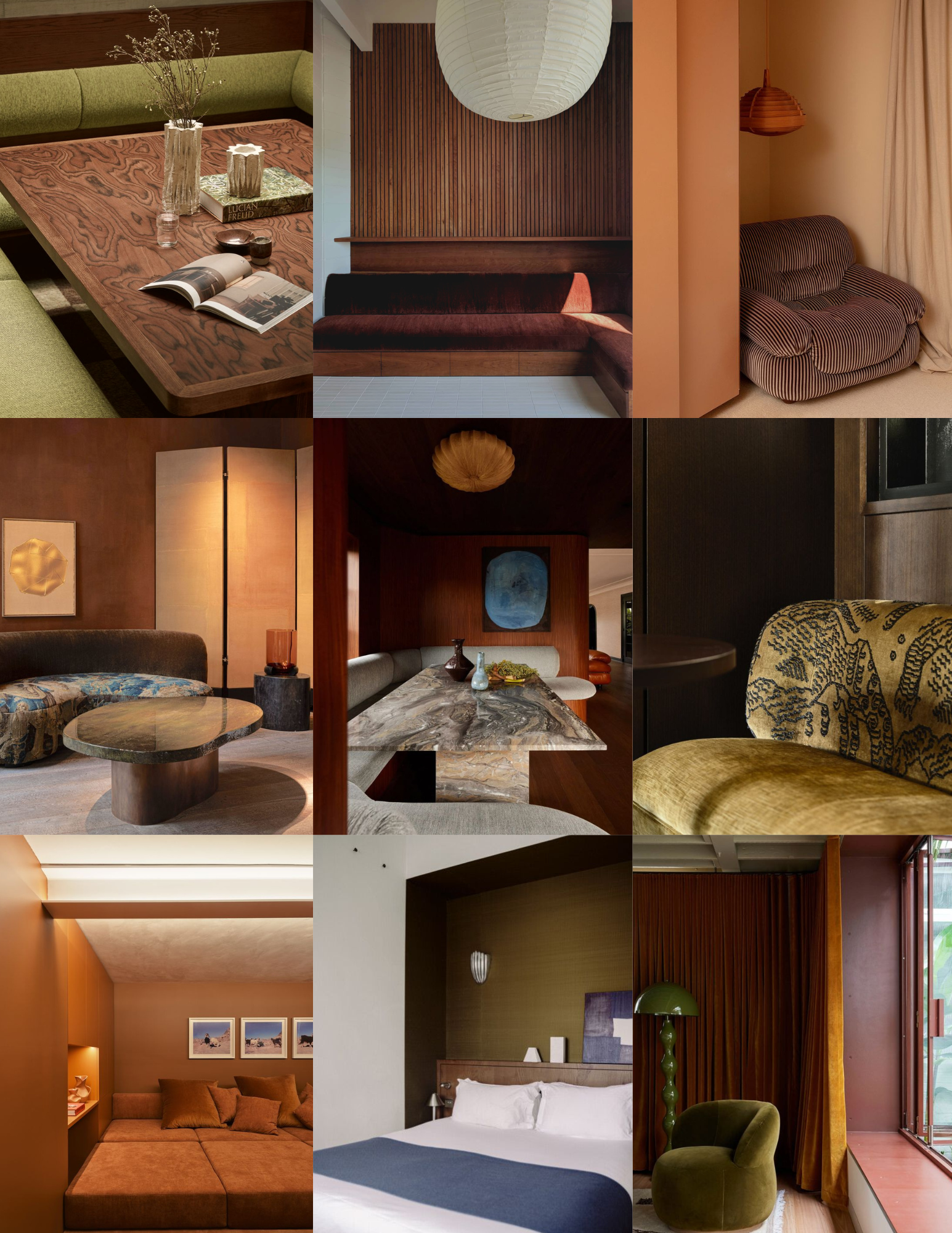 A collage of various interior decor scenes featuring a dining table with a flower arrangement, a seating nook with a paper lantern, a striped armchair next to beige curtains, a living room with a sectional sofa and artwork, a bedroom with a white bed and colorful pillows, and a cozy corner with an olive green armchair and a tall green lamp.