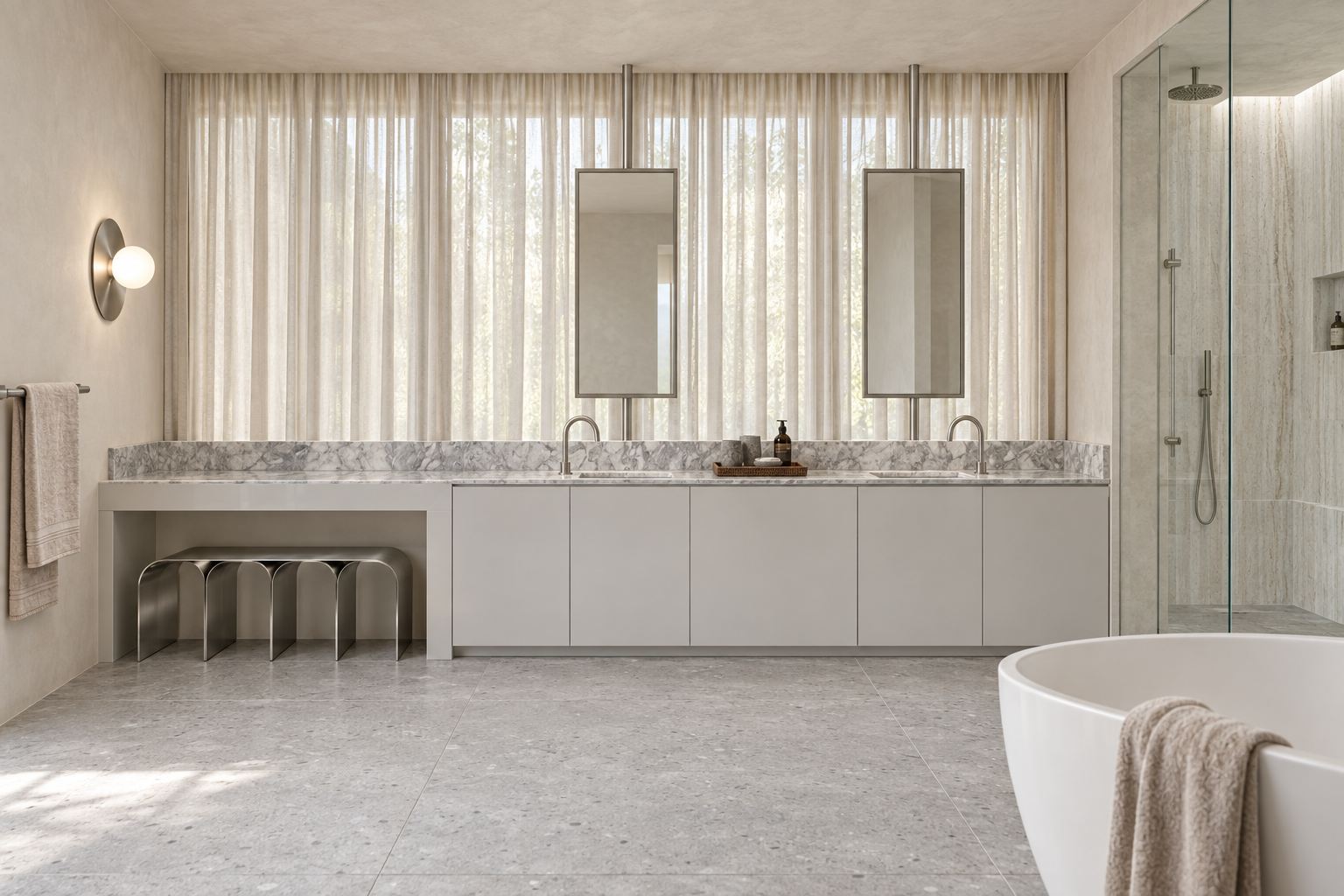 Modern bathroom with double vanity sinks, marble countertops, and large window with sheer curtains. Contains a freestanding bathtub and a walk-in shower with glass enclosure.