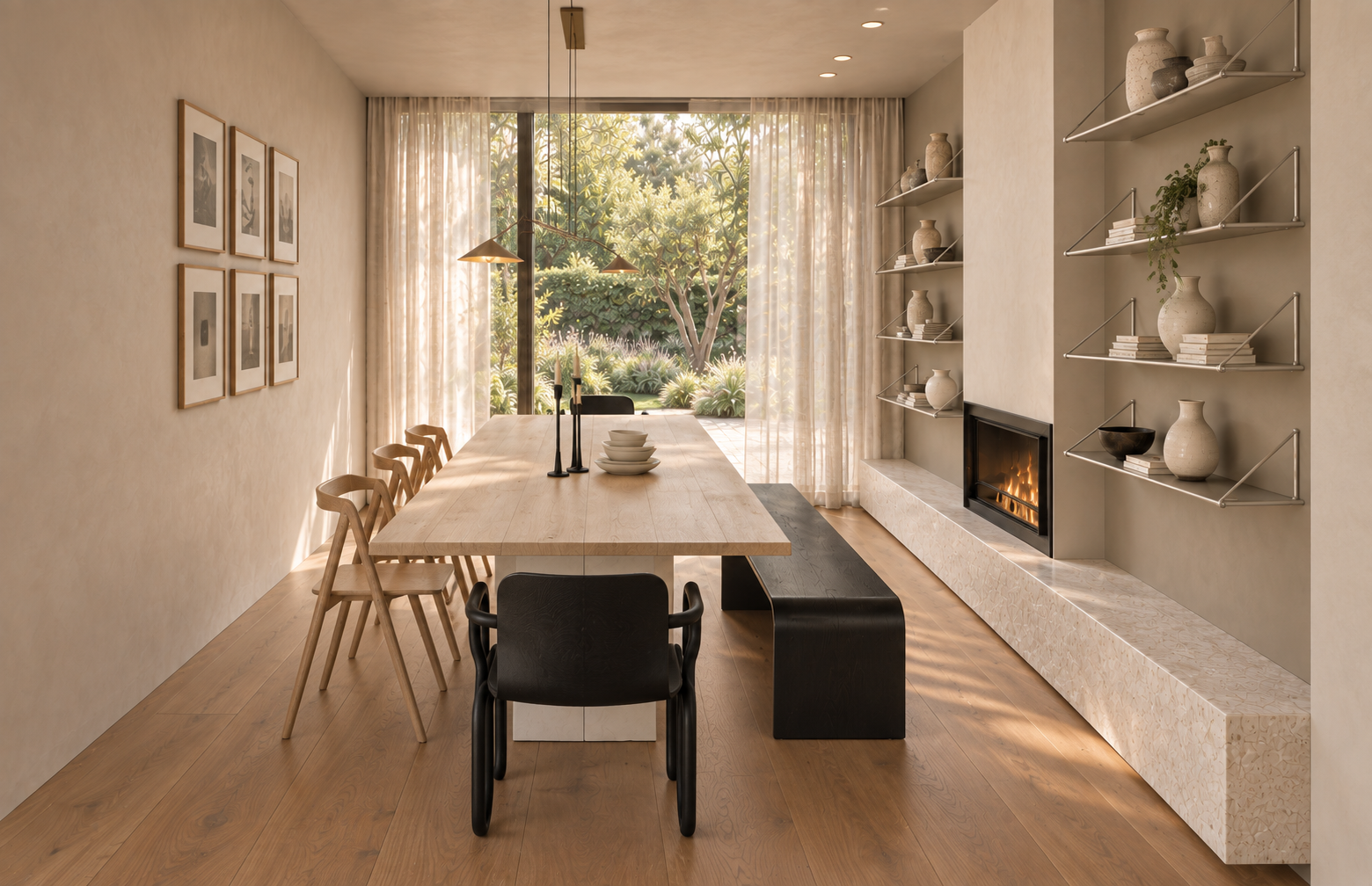 Modern dining room with a light wood table, six chairs, and a fireplace, with shelves holding vases and plants, large glass doors opening to a green garden, and minimalistic decor.