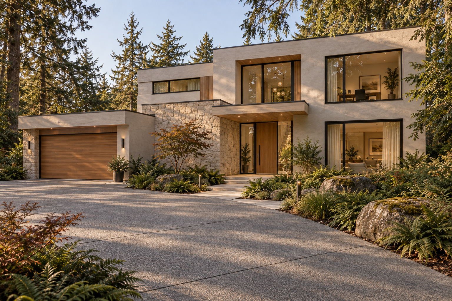 Modern two-story house with large windows, stone accents, and a wooden front door, surrounded by lush greenery and trees.