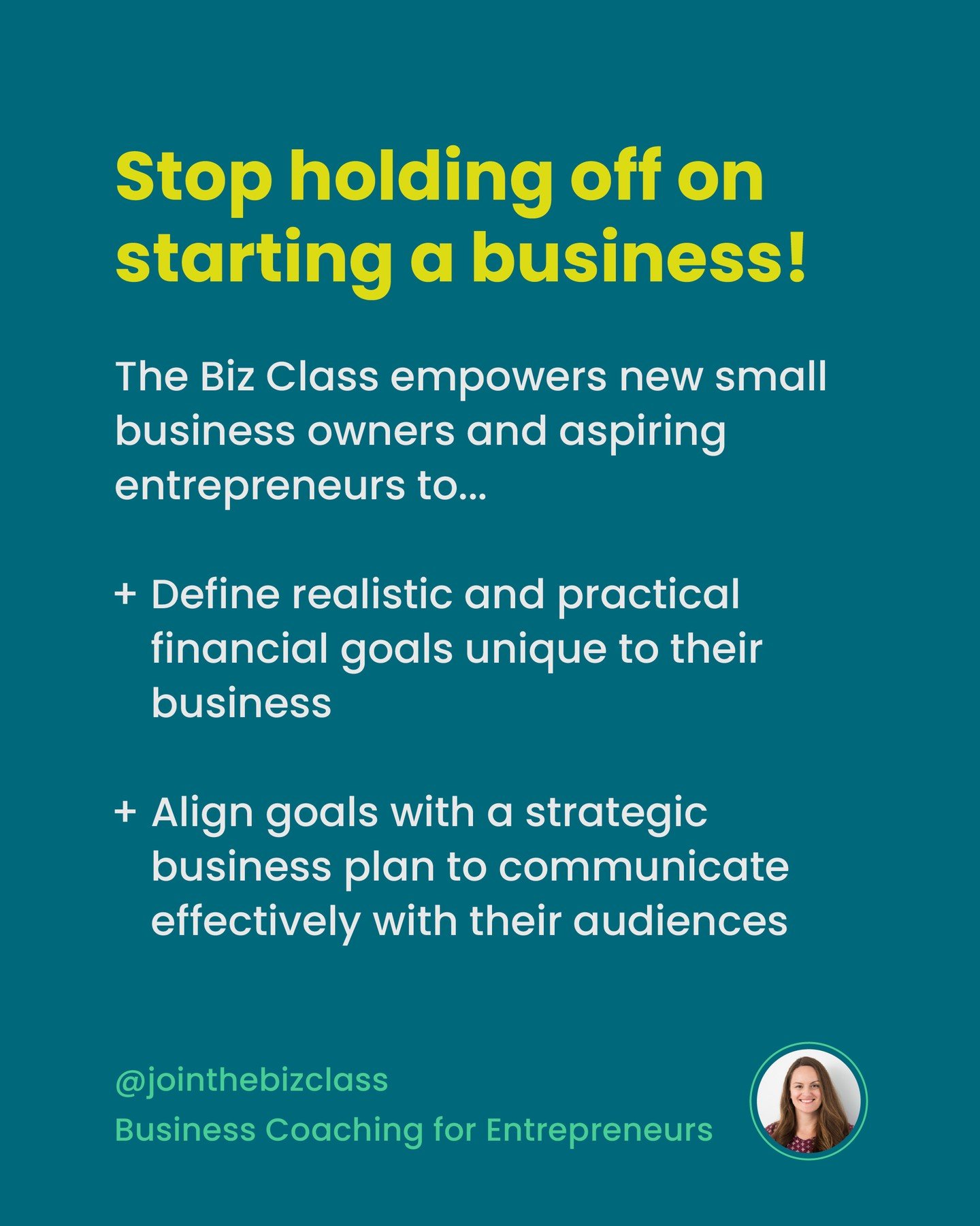 STOP! ✋

... holding off on starting a business!

If you are a new small business owner or aspiring entrepreneur The Biz Class will help empower you to...

✔️ Define realistic and practical financial goals unique to their business

✔️ Align goals wit