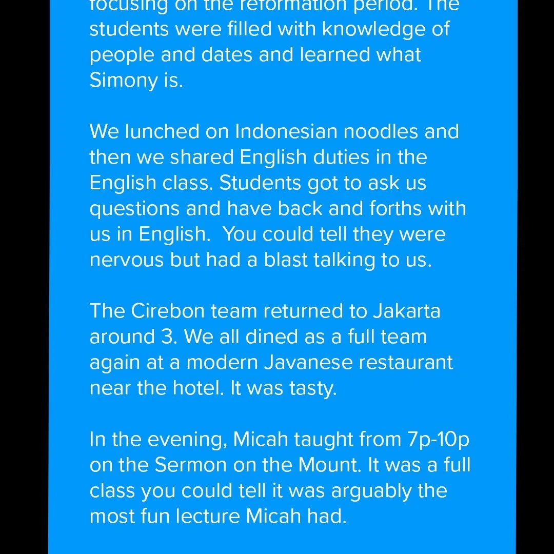 [ 2 of 2 ]Mission Indonesia &mdash; Wednesday Recap (Team Jakarta) 🇮🇩

Breakfast ➜ Seminary.
&bull; Clark: Psychology (great Q&amp;A!)
&bull; Micah: General Christian Education (lots of discussion)
Lunch = fried rice&hellip;and we discovered Del Mo