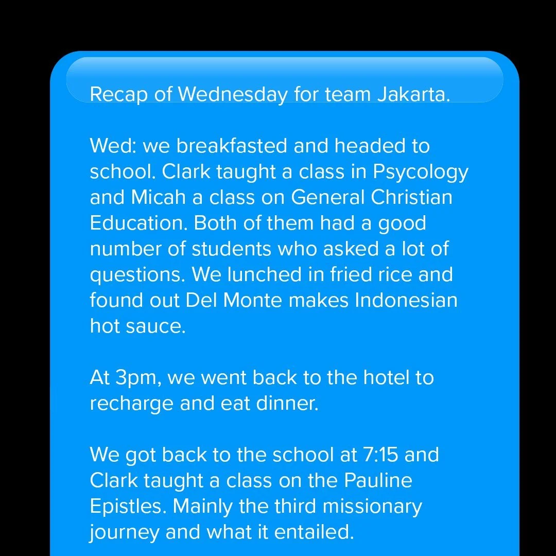 [ 1 of 2 ]Mission Indonesia &mdash; Wednesday Recap (Team Jakarta) 🇮🇩

Breakfast ➜ Seminary.
&bull; Clark: Psychology (great Q&amp;A!)
&bull; Micah: General Christian Education (lots of discussion)
Lunch = fried rice&hellip;and we discovered Del Mo