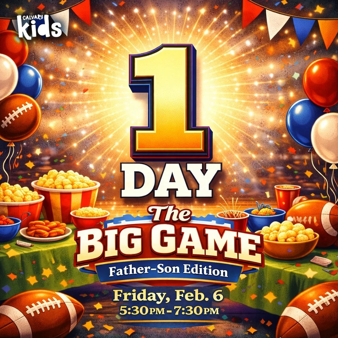 🏈 TOMORROW NIGHT!

The Big Game: Father-Son Edition* is happening Friday, Feb. 6 | 5:30&ndash;7:30 PM and we can&rsquo;t wait to see the gym full of teams, laughter, and encouragement.

Men&mdash;this is your moment to show up, team up, and pour in.