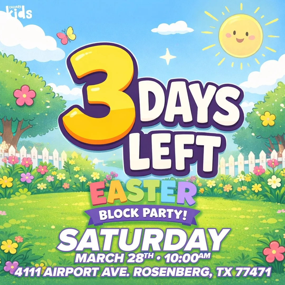 3 DAYS TO GO!
We&rsquo;re getting closer to the Easter Block Party at Calvary!

This Saturday from 10:00 a.m. to Noon, bring your family and come enjoy a fun community event filled with Easter fun, activities for kids, and plenty of excitement.

Tag 