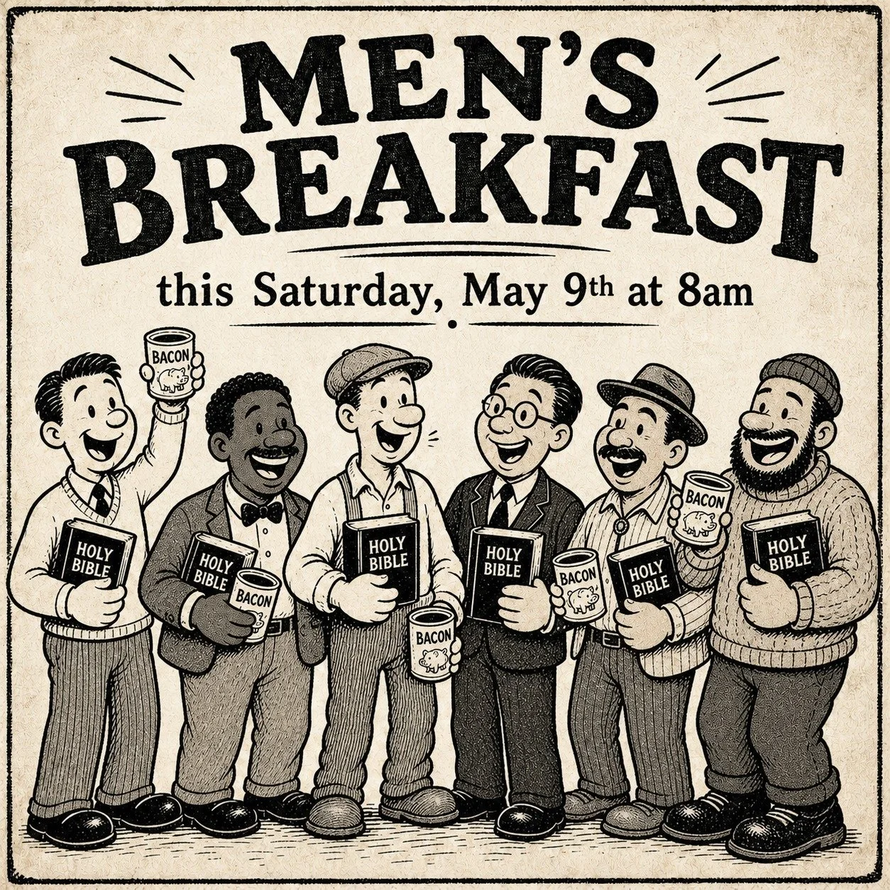 Hear ye, men of Calvary!

This Saturday morning, May 9th at 8:00am, the bell rings for a hearty gathering of good food, strong fellowship, and time in God&rsquo;s Word.

Come hungry, bring your Bible, and make your way to Men&rsquo;s Breakfast! There