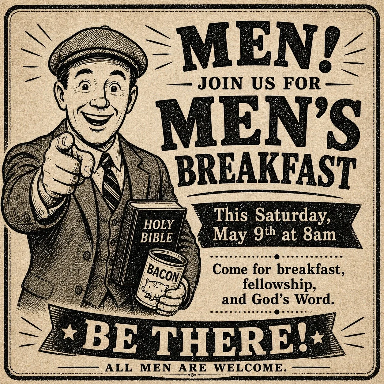 Hear ye, men of Calvary!

This Saturday morning, May 9th at 8:00am, the bell rings for a hearty gathering of good food, strong fellowship, and time in God&rsquo;s Word.

Come hungry, bring your Bible, and make your way to Men&rsquo;s Breakfast! There