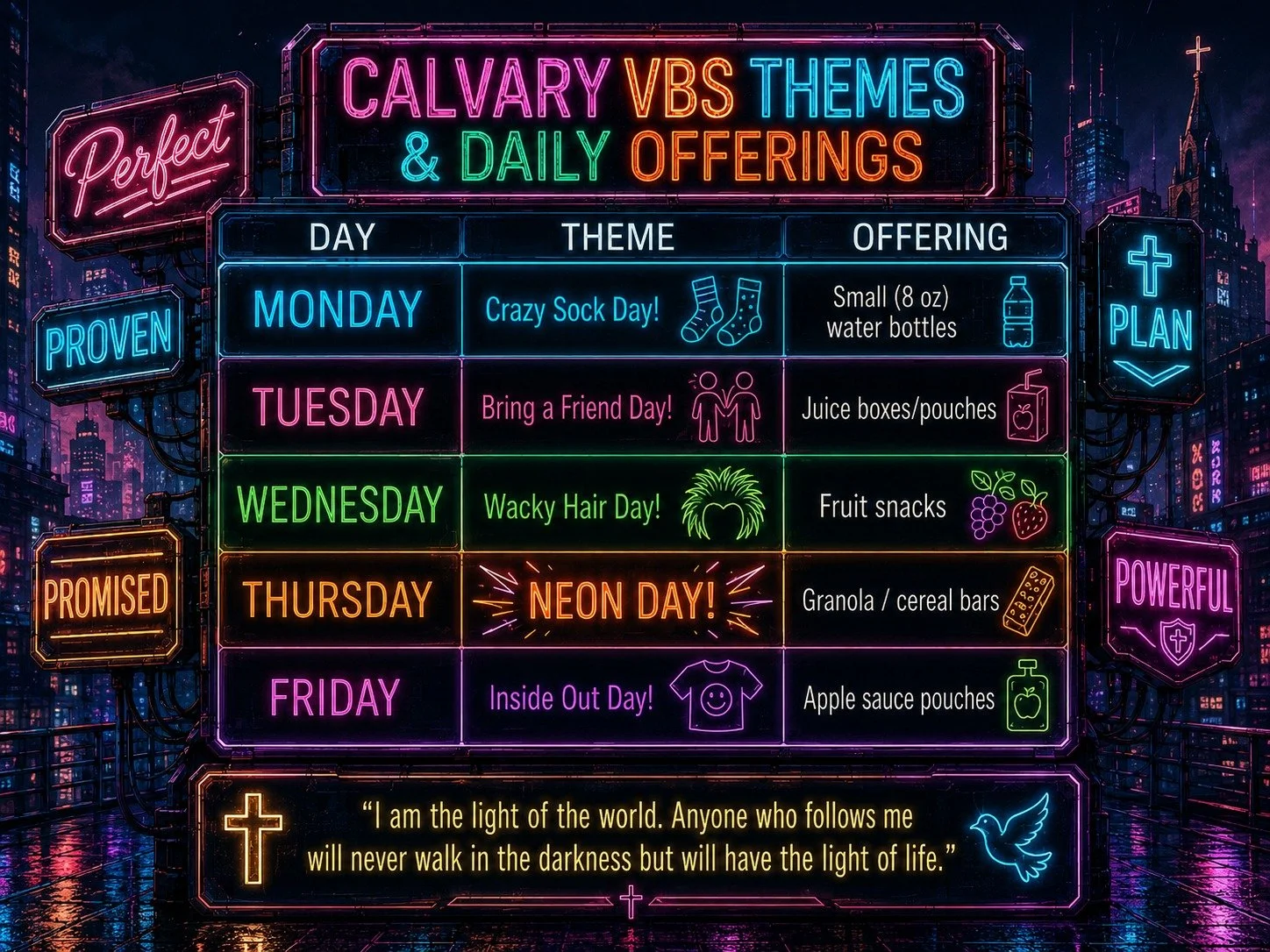 VBS Families &mdash; here&rsquo;s our daily offering &amp; donation schedule for the week! ✨
�We&rsquo;re excited for a fun week at Calvary VBS, and each day kids can bring a specific item to help support the week.

Monday &ndash; Crazy Sock Day 🧦�B