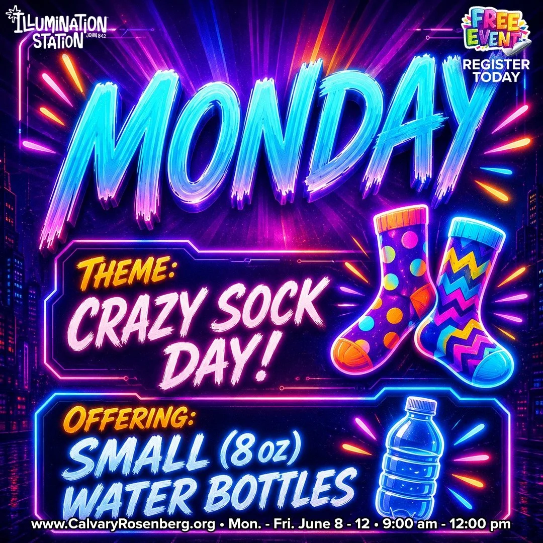 VBS starts tomorrow! 🎉

Parents, don&rsquo;t forget that Monday is Crazy Sock Day! Have your kids wear their craziest, brightest, silliest socks to kick off VBS week.

For our daily offering, kids can bring small 8 oz water bottles.

We can&rsquo;t 