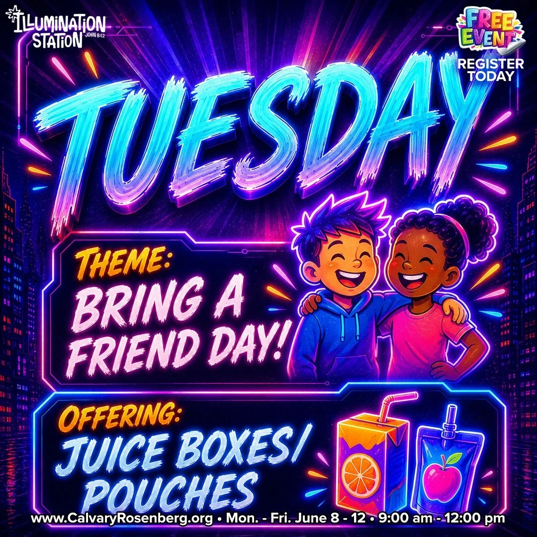 Tomorrow is Bring a Friend Day at VBS! 🎉

Parents, remind your kids to invite a friend to join them for another fun day of learning about Jesus, worshiping, playing, and making memories together.

For our daily offering, kids can bring juice boxes o