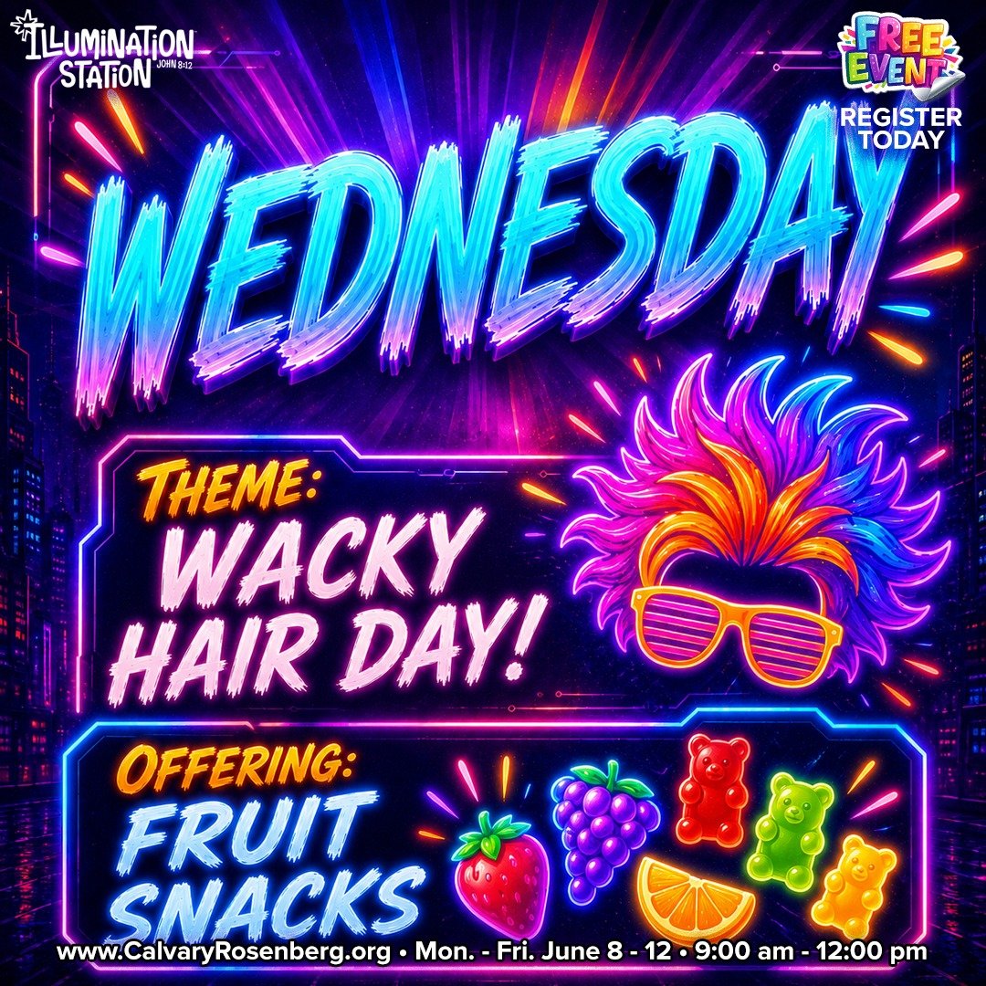 Tomorrow is Wacky Hair Day at VBS! 🤪

Parents, let your kids get creative with their hair&mdash;spikes, colors, silly styles, and all the fun! We&rsquo;re excited for another great day of VBS.

For our daily offering, kids can bring fruit snacks.

R