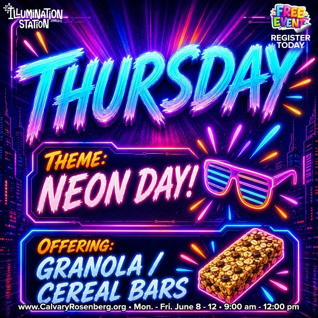 Tomorrow is Neon Day at VBS! 💡

Parents, have your kids wear their brightest neon colors as we continue shining a light on who Jesus really is.

For our daily offering, kids can bring granola bars or cereal bars.

Register here: www.calvaryrosenberg