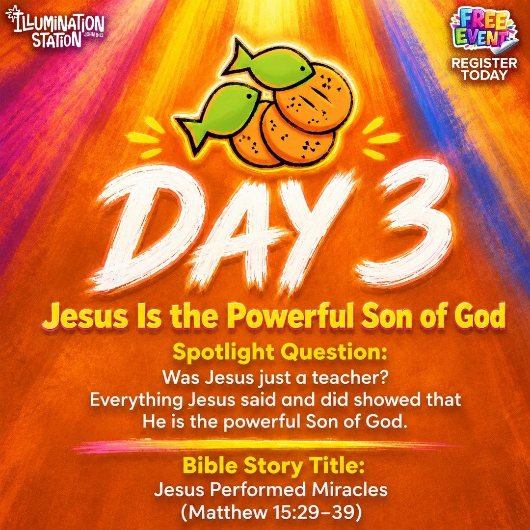 Day 3 Post &mdash; Wednesday

Today at VBS, kids learned that Jesus is the powerful Son of God. They heard how Jesus healed people and miraculously fed thousands, showing that everything He said and did revealed His power.

Bible Verse: &ldquo;I am t