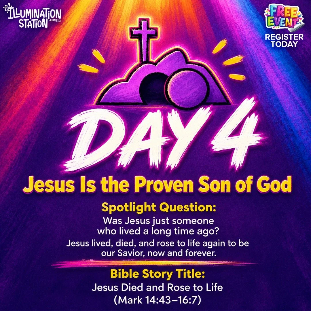 Day 4 Post &mdash; Thursday

Today at VBS, kids learned that Jesus is the proven Son of God. They heard the good news that Jesus lived, died on the cross, and rose to life again to be our Savior, now and forever.

Bible Verse: &ldquo;I am the light o