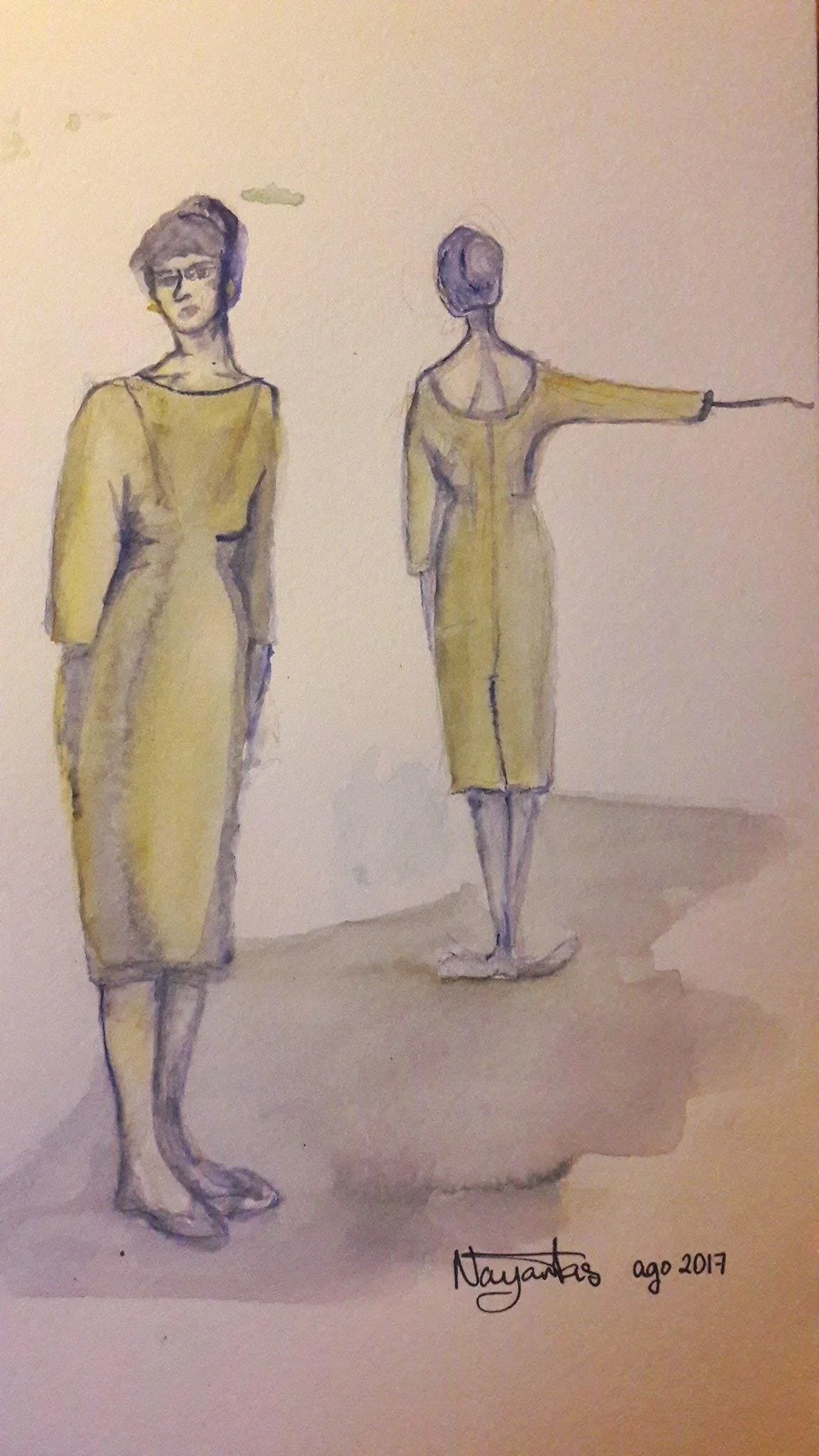 Watercolor sketch of two women in yellow dresses, one looking forward, the other with her back to the viewer, pointing to the right. Artist's signature and date August 2017 are at the bottom.