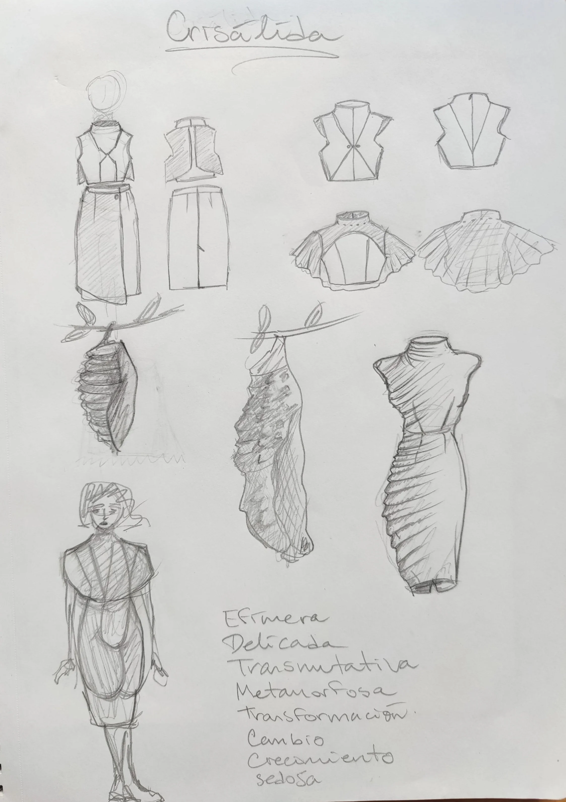 Sketches of clothing designs and a female figure, with handwritten notes about fashion styles including details about dresses, blouses, and transformation themes.