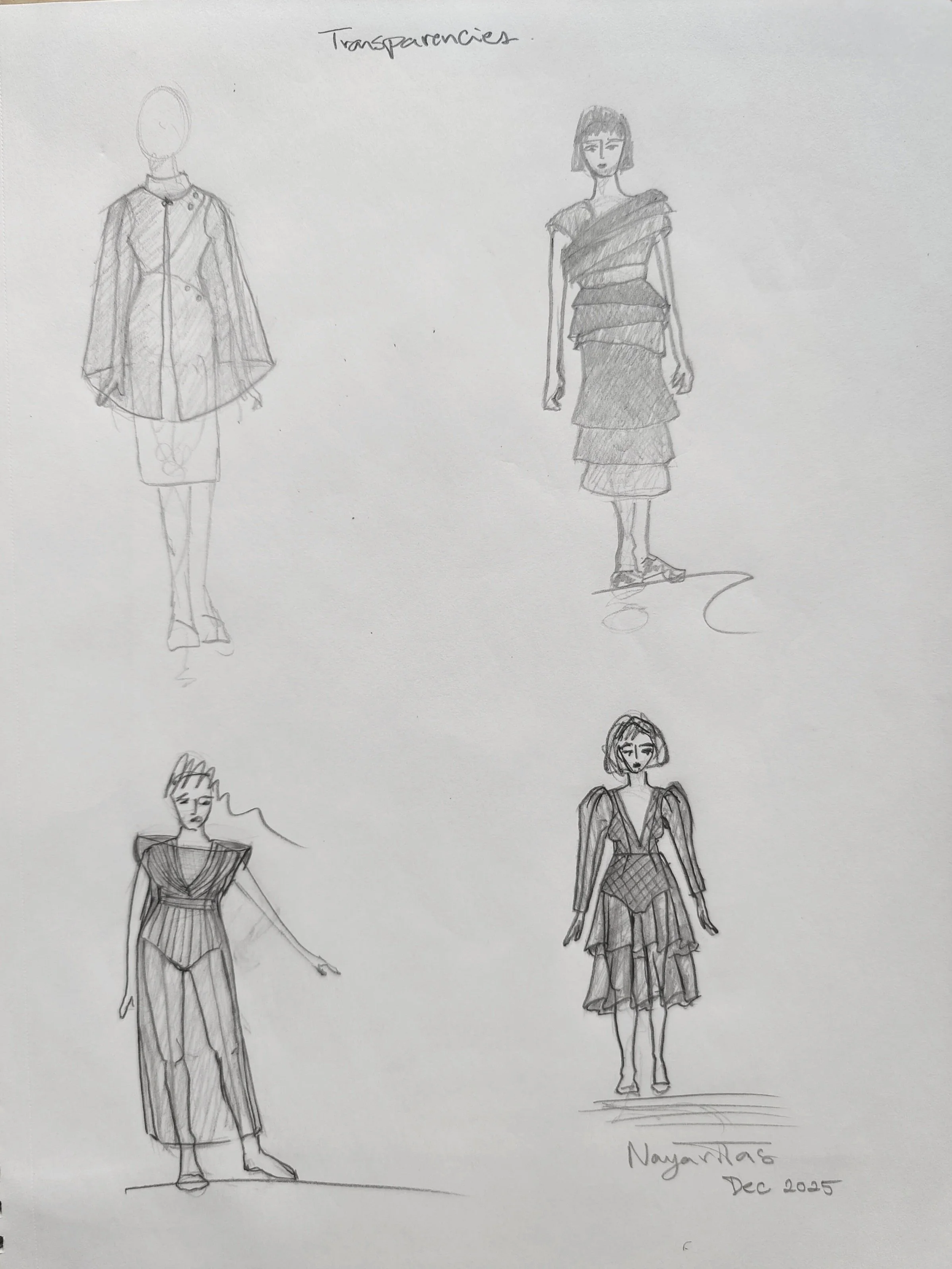 Hand-drawn sketches of fashion designs on paper, with the word 'Transparencies' written at the top. The designs feature various outfits, including layered and textured clothing, with some figures wearing long dresses and others with layered tops. The