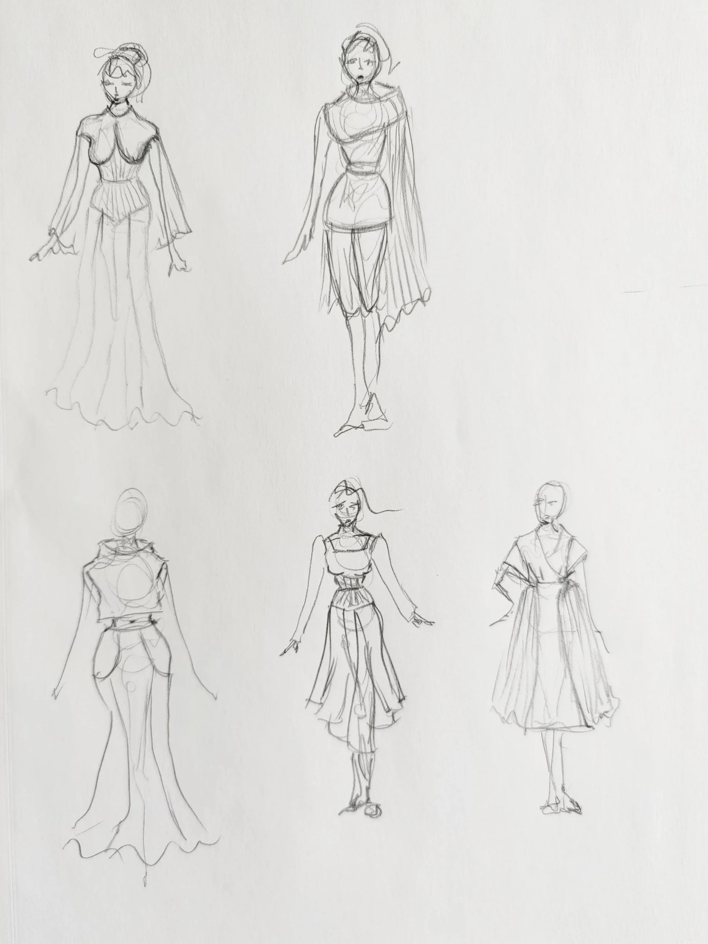Sketches of six female fashion models in different outfits and poses.