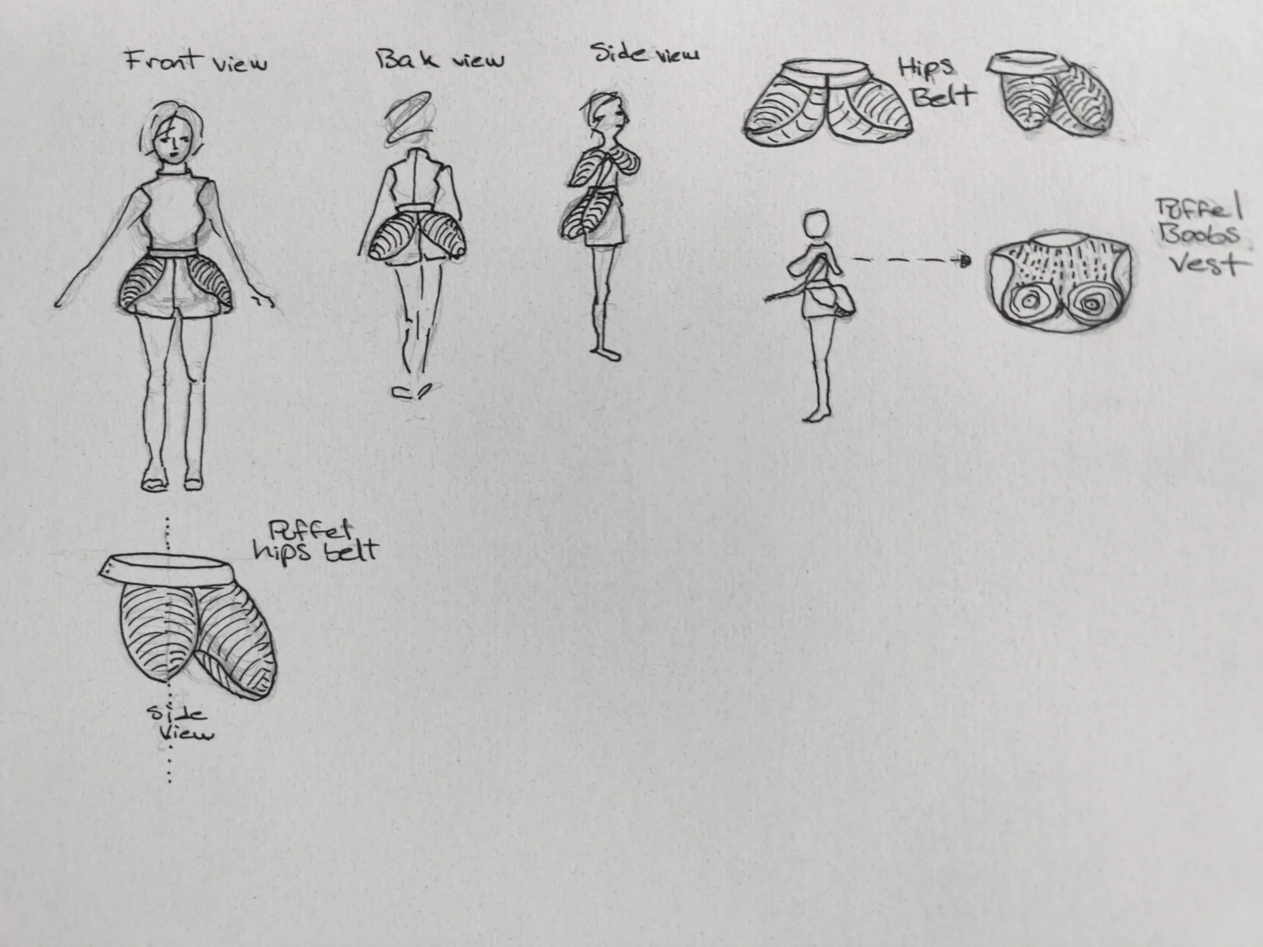 Hand-drawn sketches of a woman wearing a skirt with ruffle hips viewed from front, back, and side, with detailed illustrations of the hips, belt, and puffed hips vest in black and white.