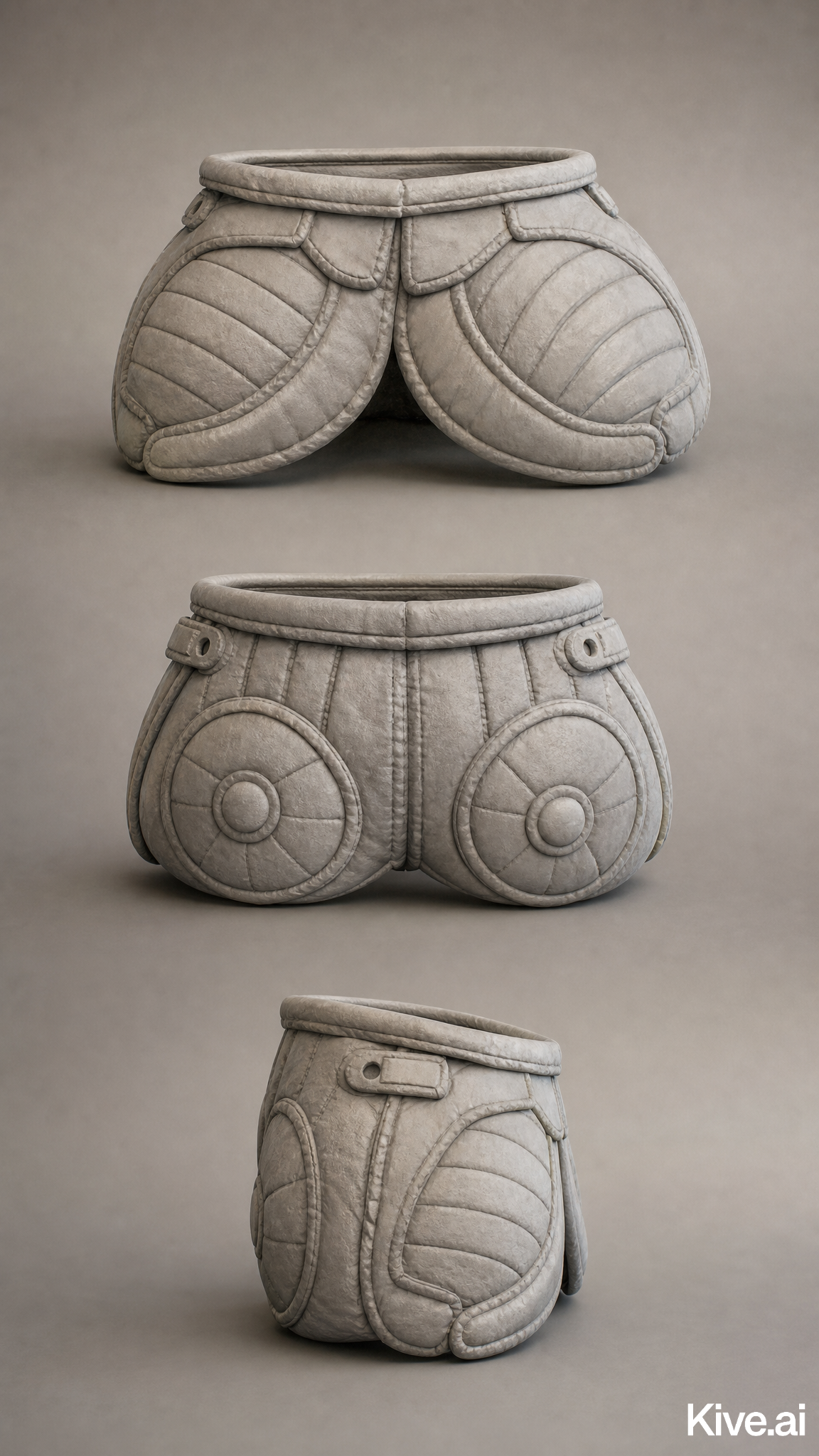 A collage of three images showing different angles of a modern, padded stool designed to resemble a pair of football gloves.